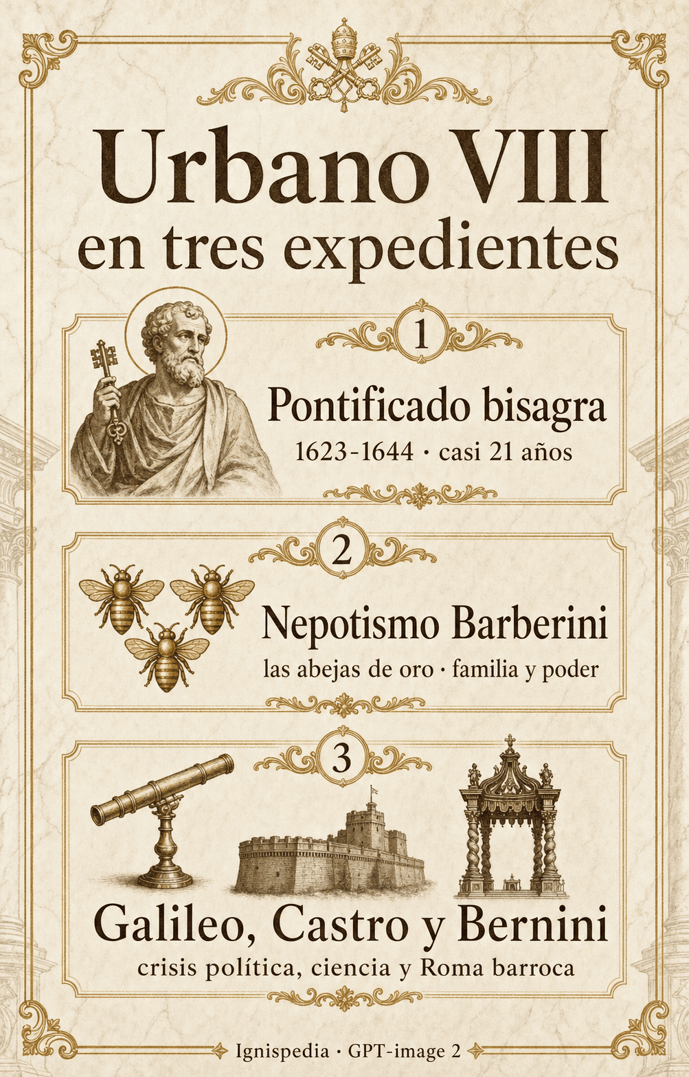 Infografia Ignispedia que resume al papa Urbano VIII en tres expedientes: un pontificado de veintiun anos, el nepotismo Barberini y sus abejas, el papa de Galileo, de la guerra de Castro y de Bernini.