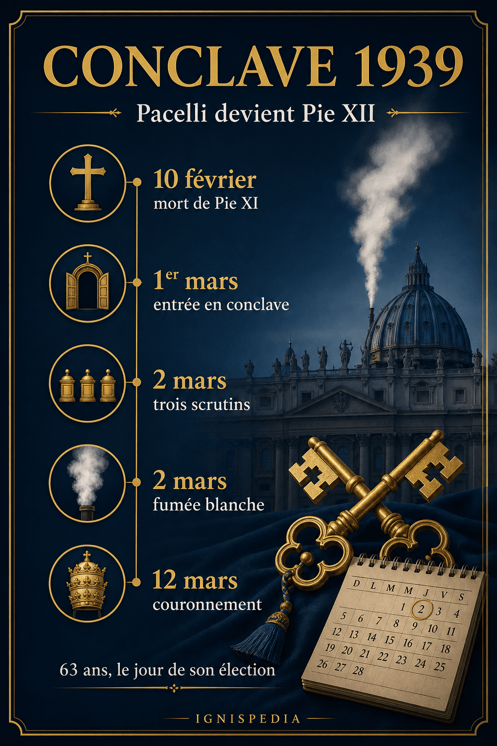 Frise illustrée du conclave de mars 1939 : ouverture, trois scrutins, fumée blanche, couronnement
