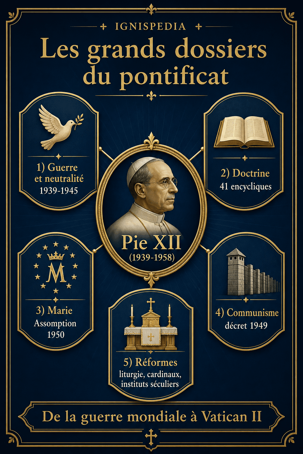 Infographie récapitulative des grands dossiers du pontificat de Pie XII : guerre, doctrine, Marie, communisme, réformes