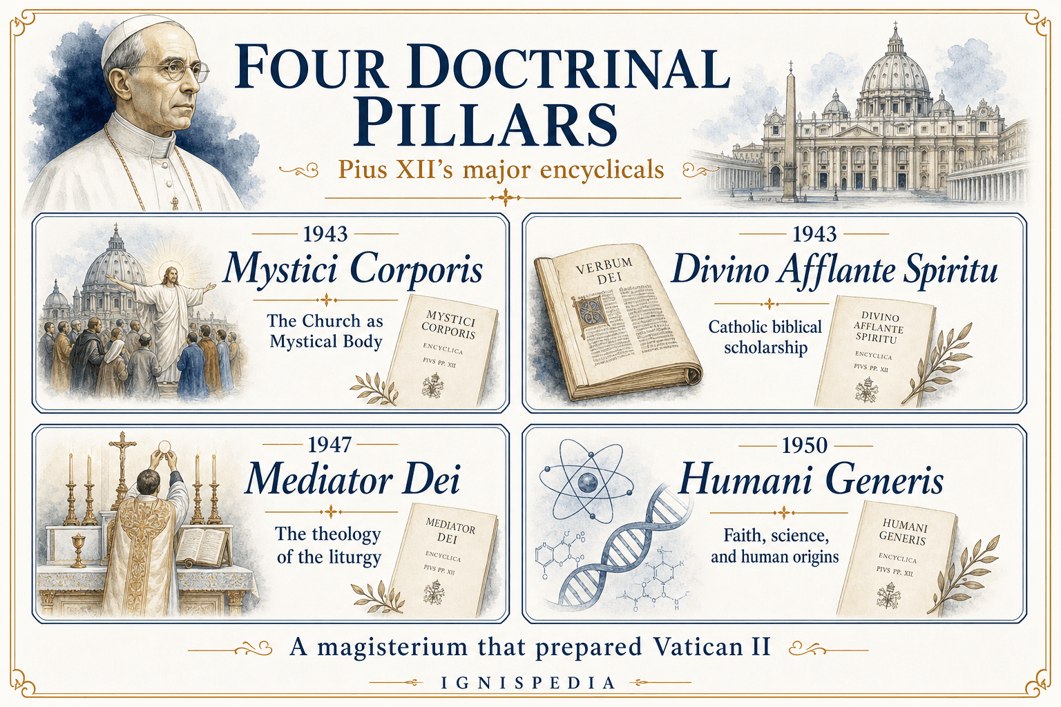 Infographic of Pope Pius XII's four major encyclicals with their dates and themes