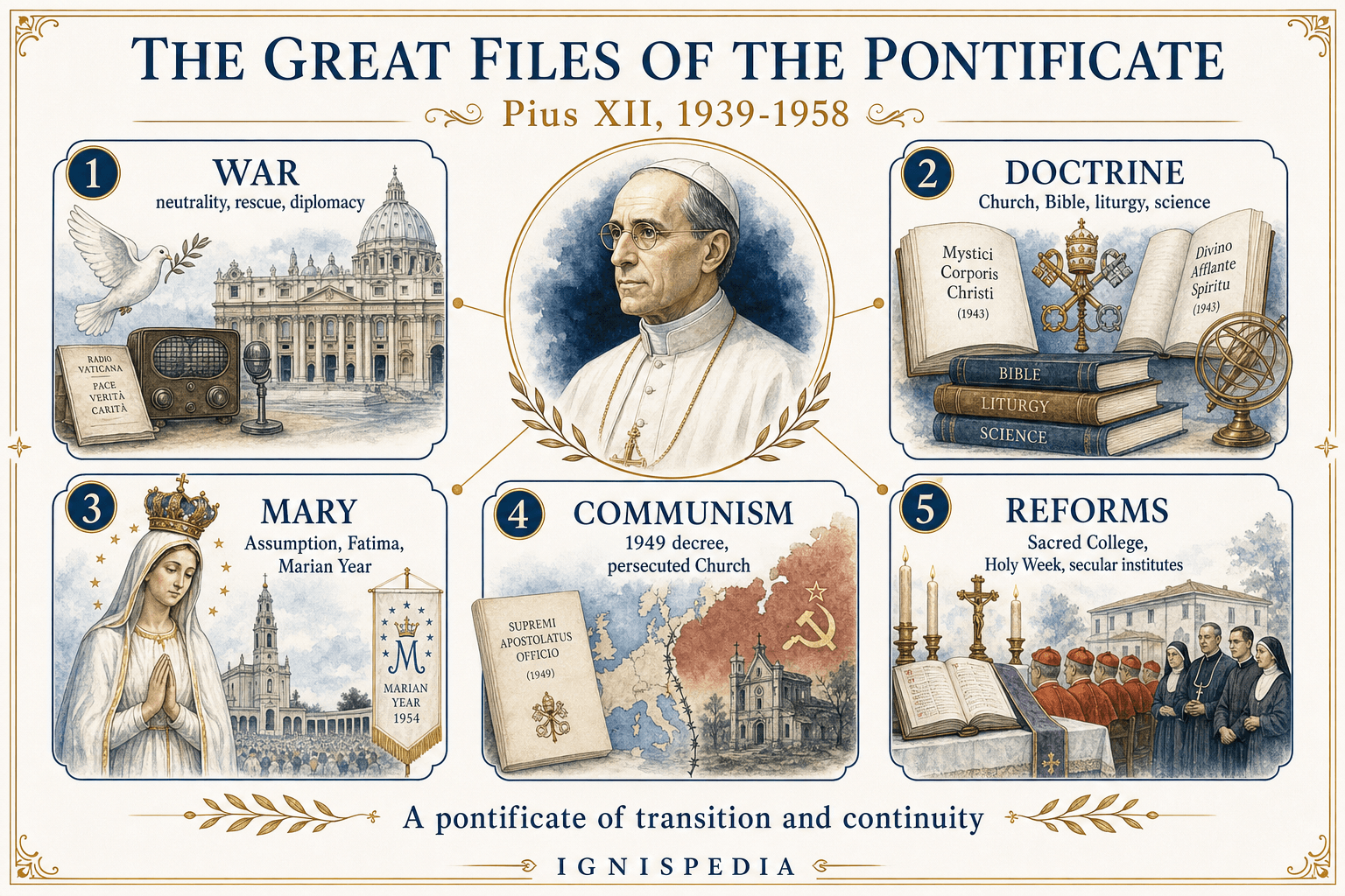 Summary infographic of the major files of Pius XII's pontificate: war, doctrine, Mary, communism, reforms
