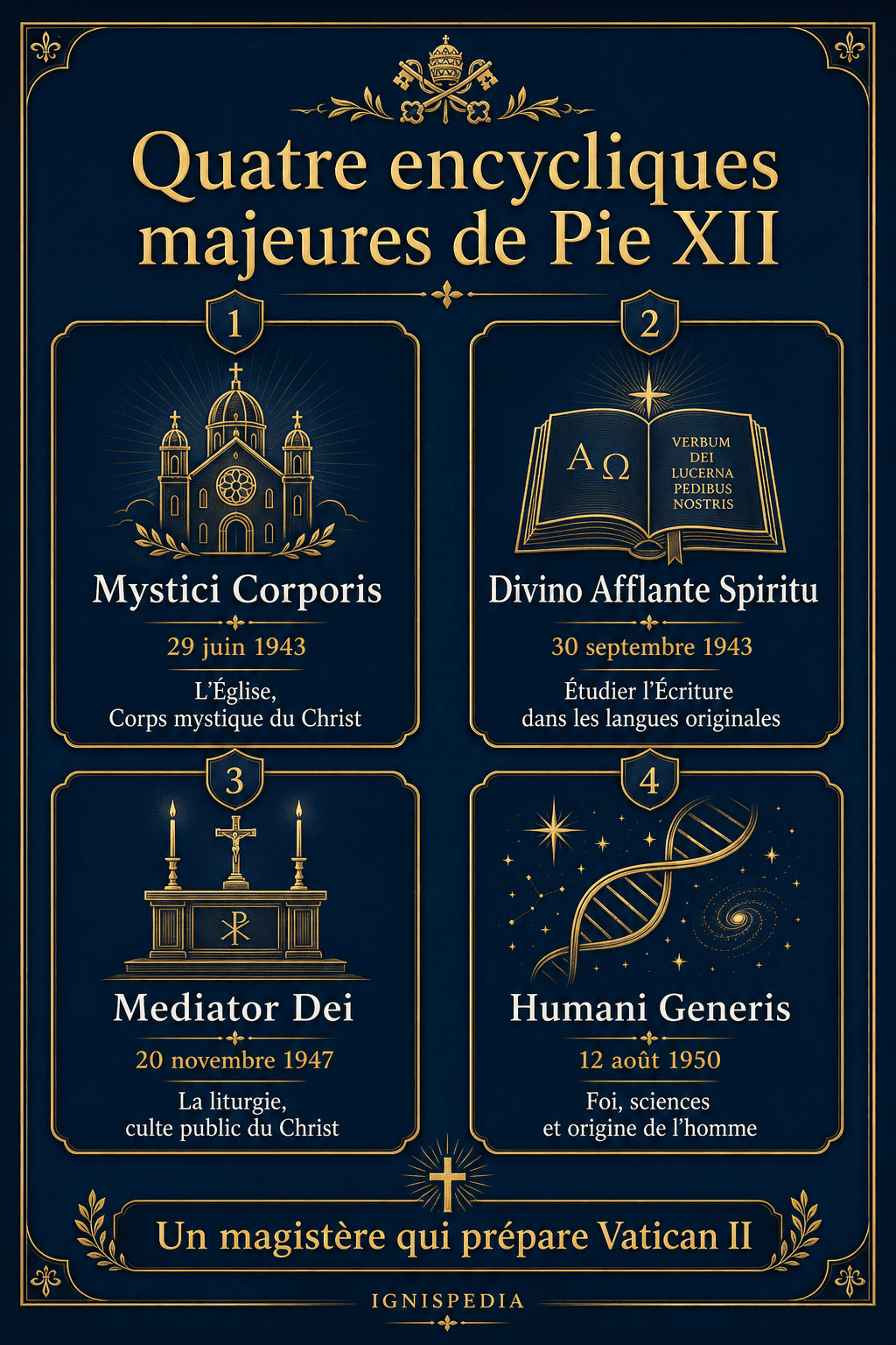Infographie des quatre encycliques majeures de Pie XII avec leurs dates et leurs thèmes