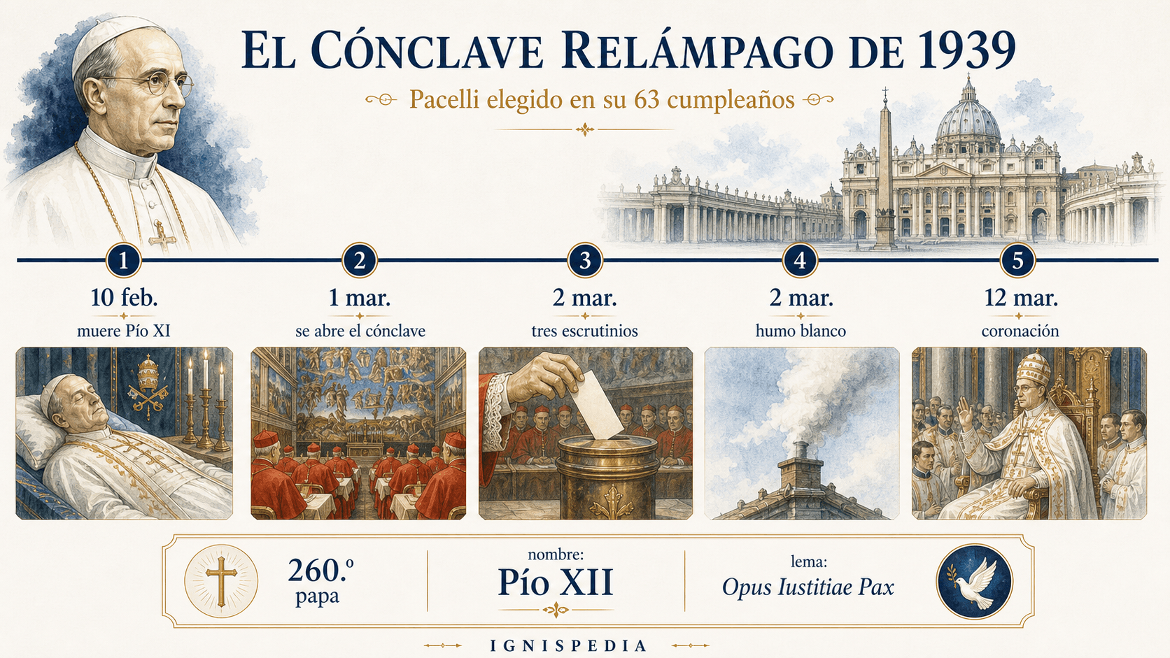 Friso ilustrado del cónclave de marzo de 1939: muerte de Pío XI, apertura, tres escrutinios, humo blanco y coronación