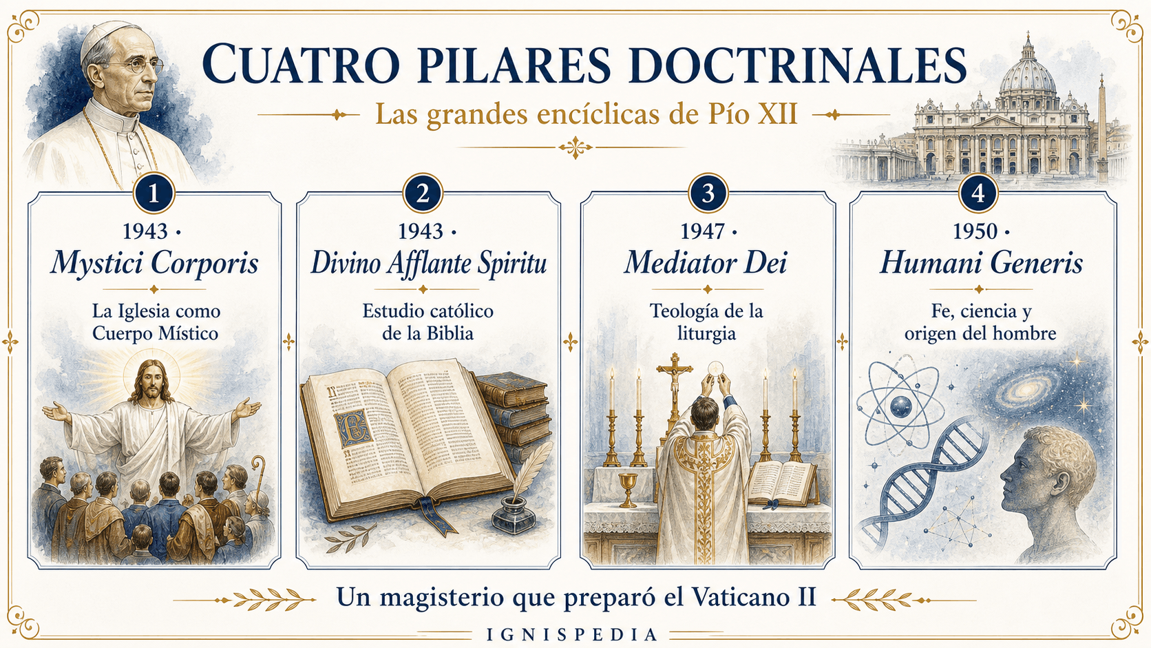 Infografía de las cuatro encíclicas mayores de Pío XII con sus fechas y temas