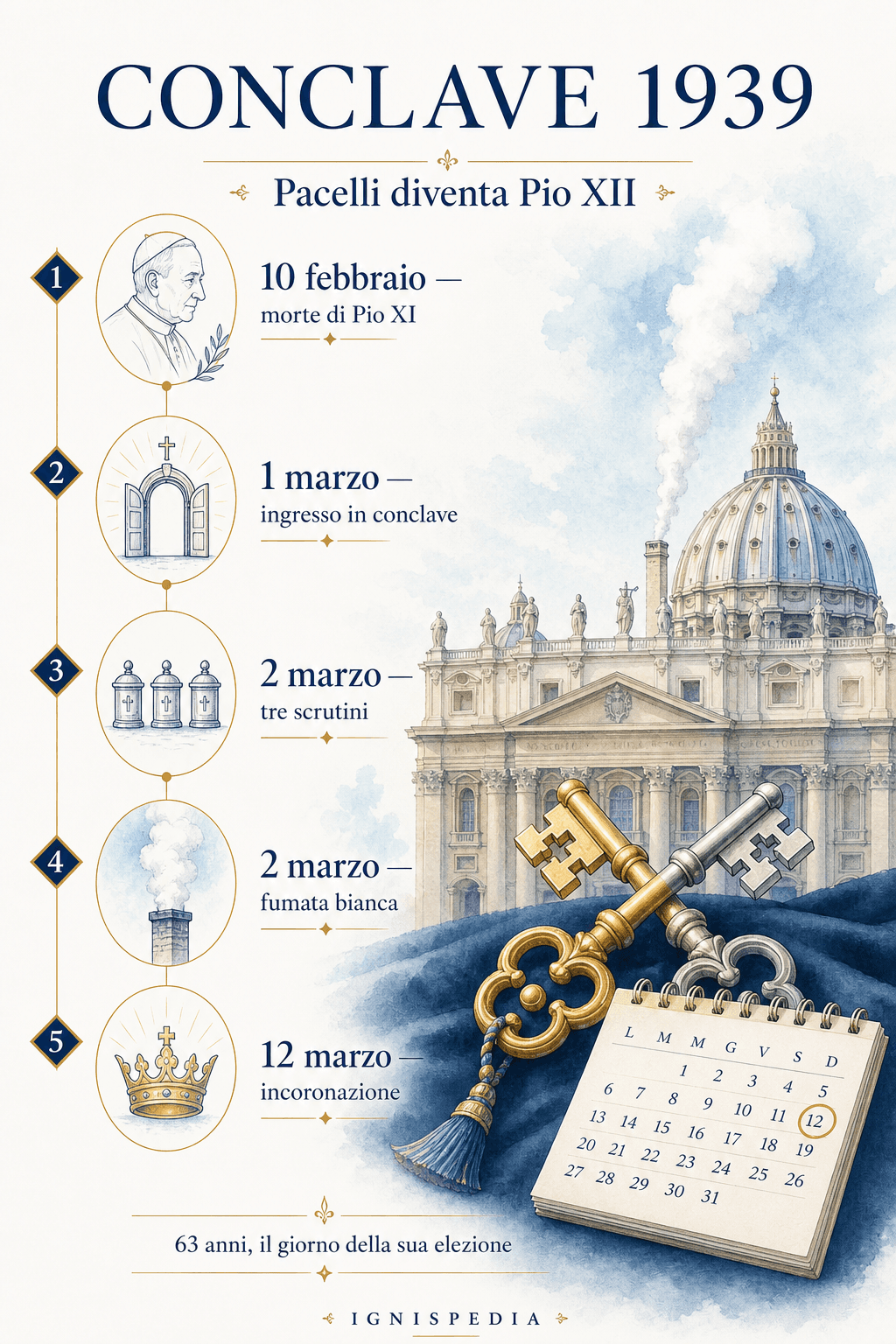 Frise illustrata del conclave di marzo 1939: apertura, tre scrutini, fumata bianca, incoronazione