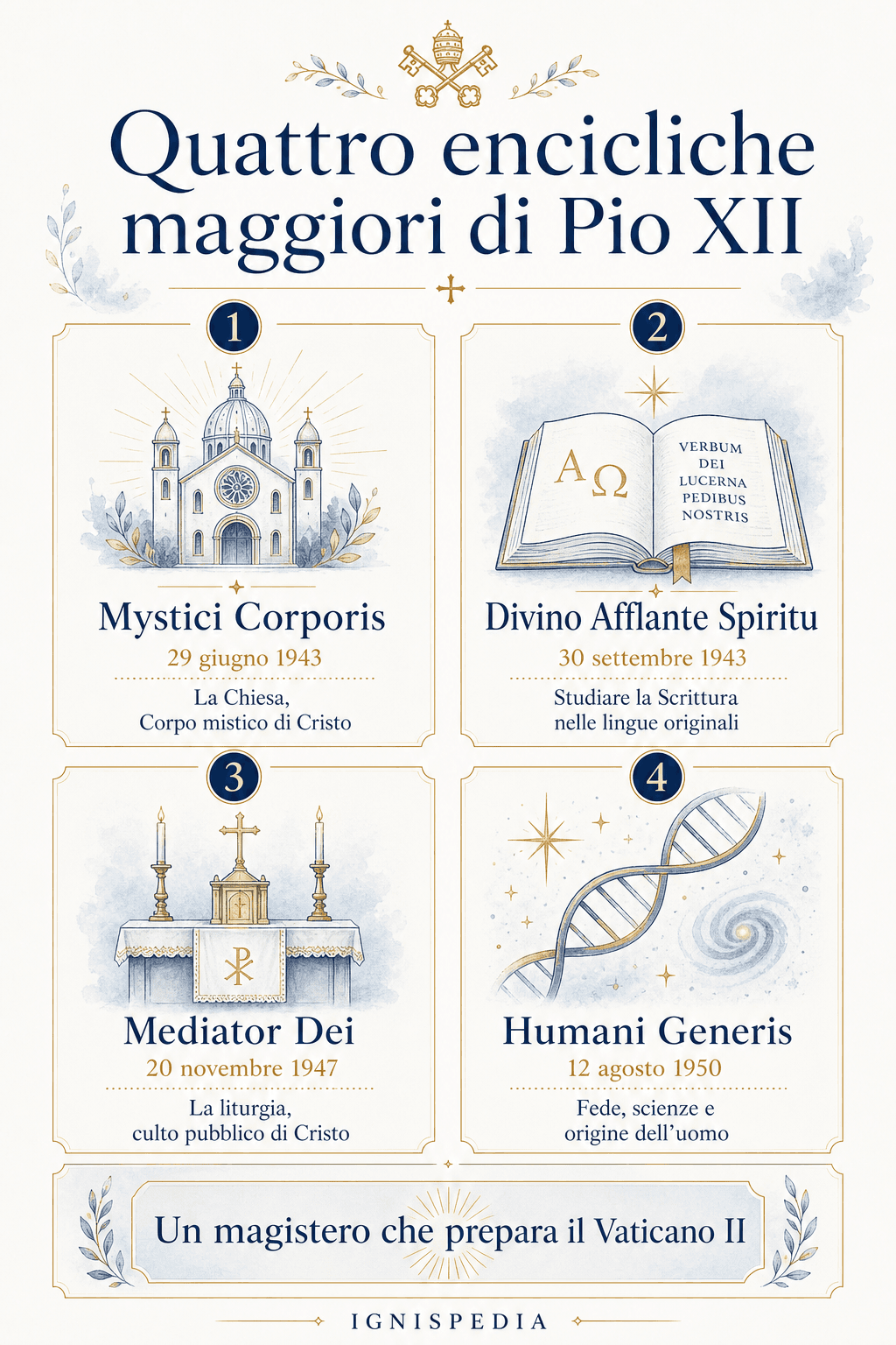 Infografica delle quattro encicliche maggiori di Pio XII con le loro date e i loro temi