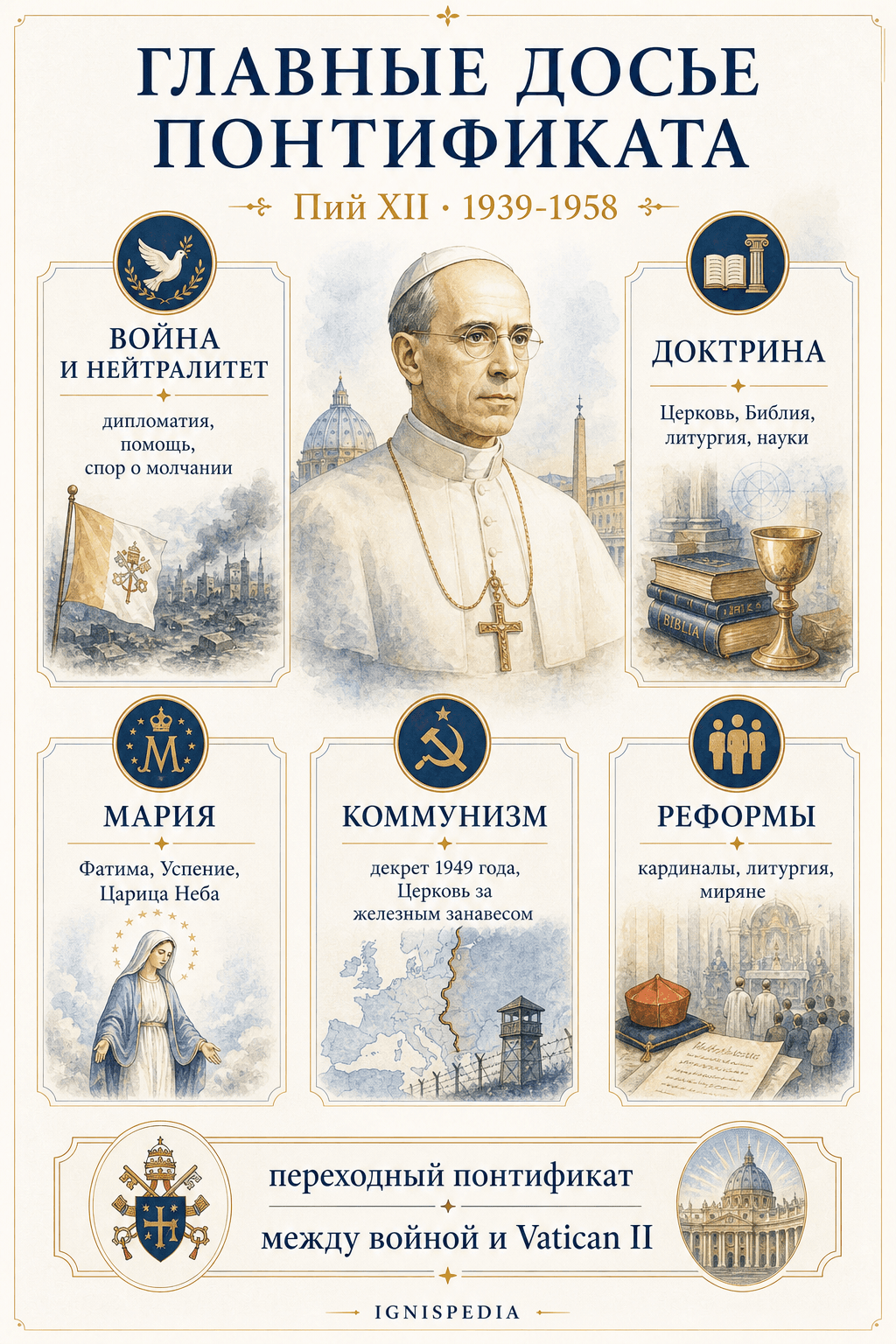 Обзорная инфография о главных досье понтификата Пия XII: война, доктрина, Мария, коммунизм, реформы