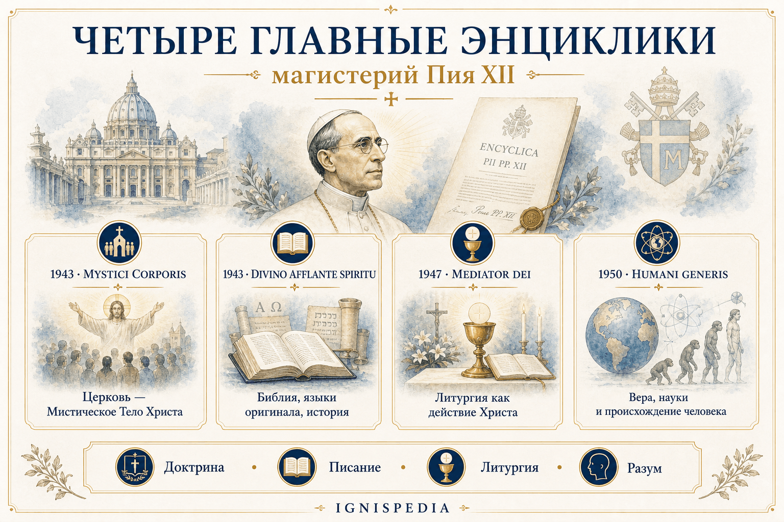 Инфография о четырех главных энцикликах Пия XII с датами и темами