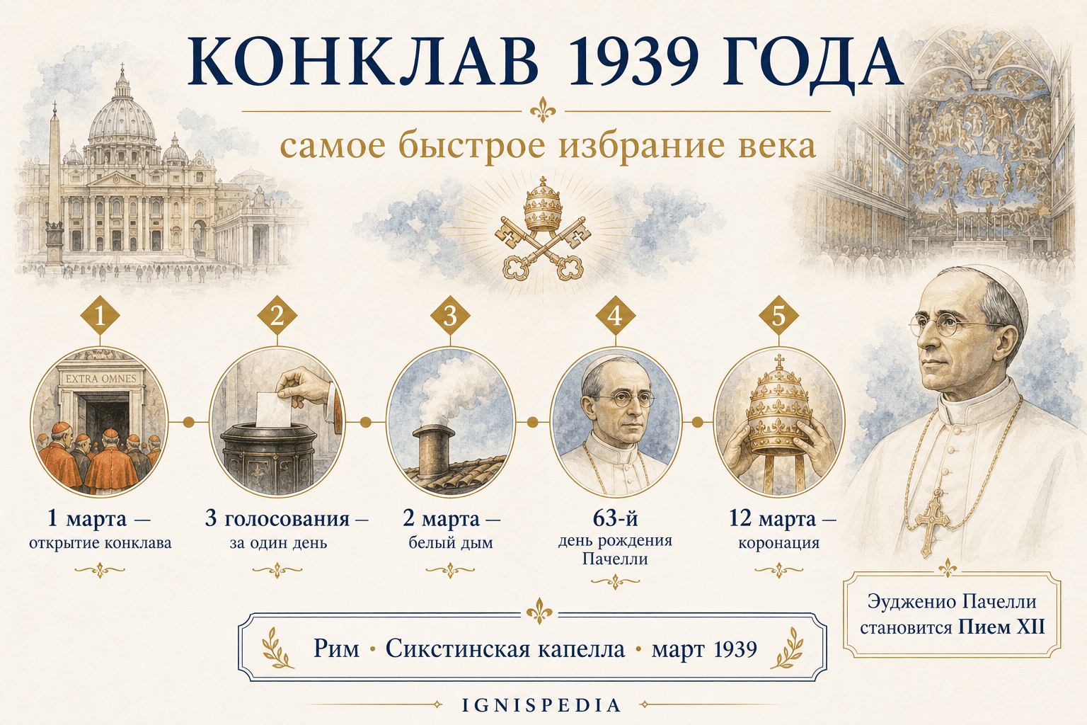 Иллюстрированная хронология конклава марта 1939 года: открытие, три голосования, белый дым, коронация