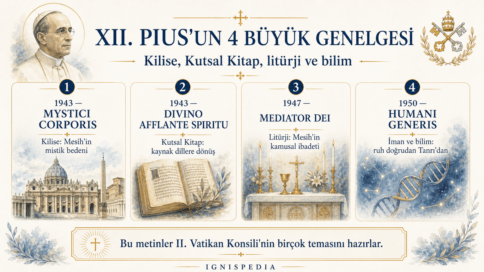 XII. Pius’un dört büyük genelgesinin tarihleri ve temalarıyla infografiği