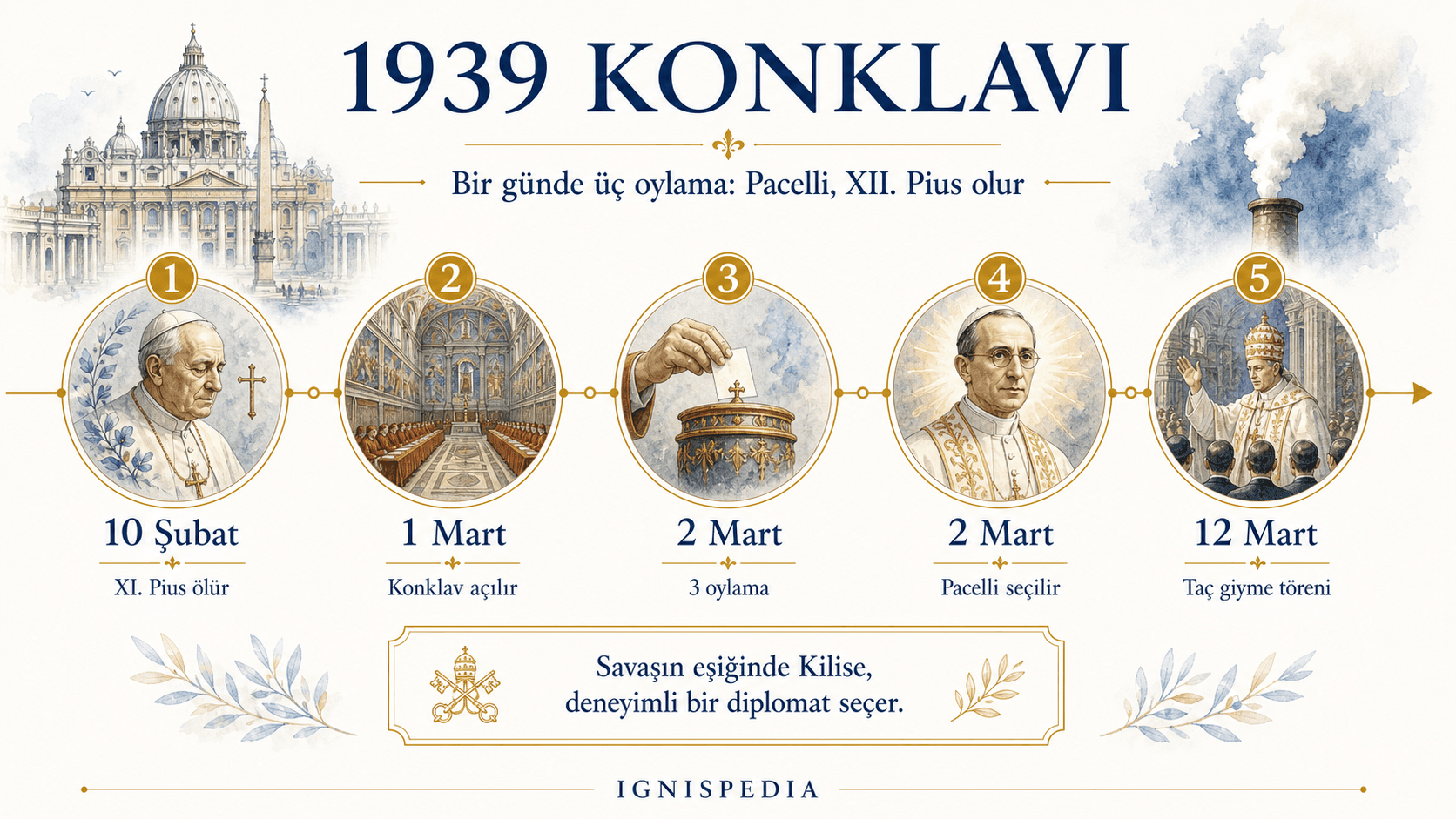 Mart 1939 konklavının illüstrasyonlu zaman çizelgesi: açılış, üç oylama, beyaz duman, taç giyme