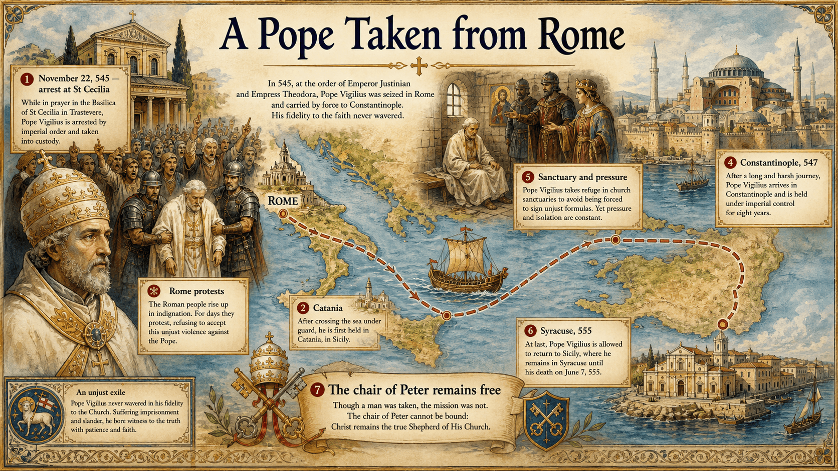 Infographic map of Vigilius's forced journey between Rome, Catania, Constantinople, Saint Euphemia, and Syracuse