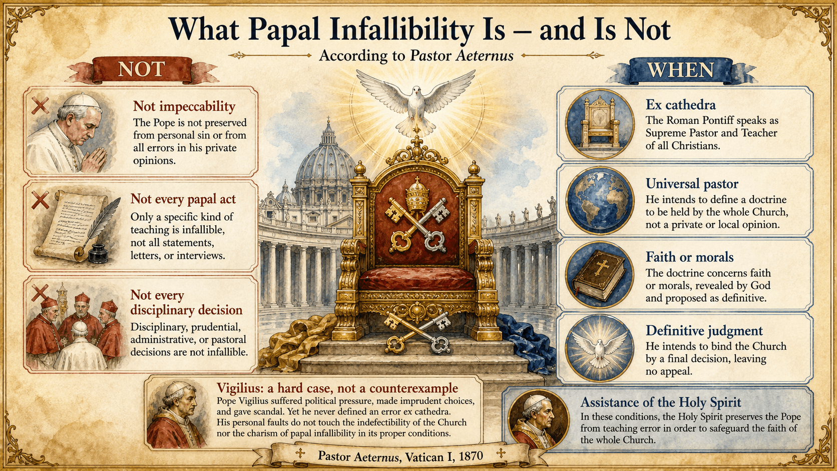 Ignispedia infographic on the four conditions of papal infallibility according to Pastor Aeternus