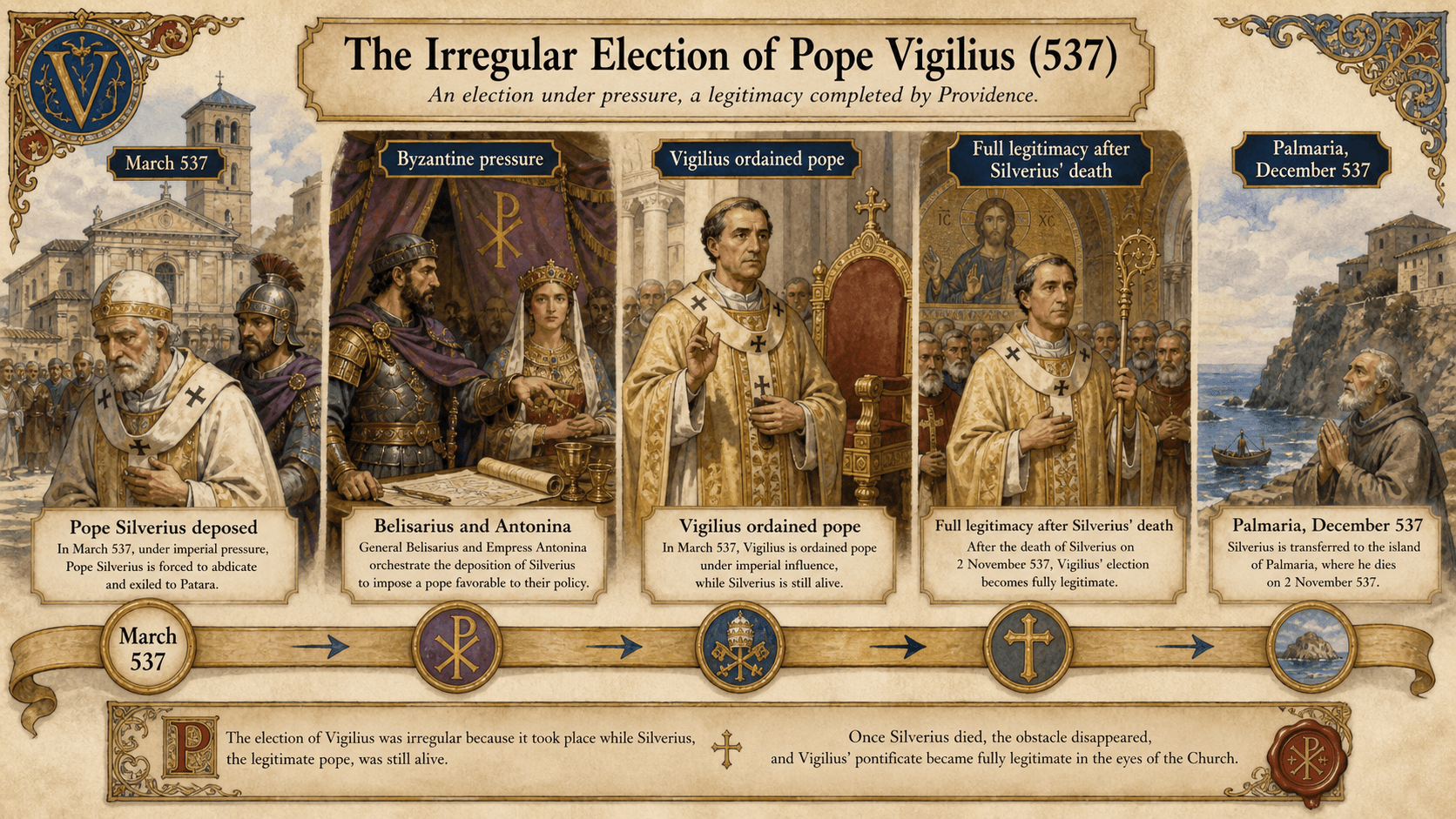 Ignispedia infographic on the irregular election of Vigilius in 537