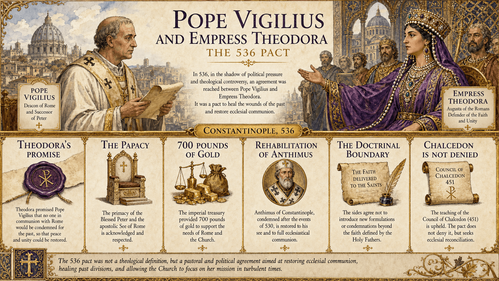 Ignispedia infographic on the 536 pact between Theodora and Vigilius