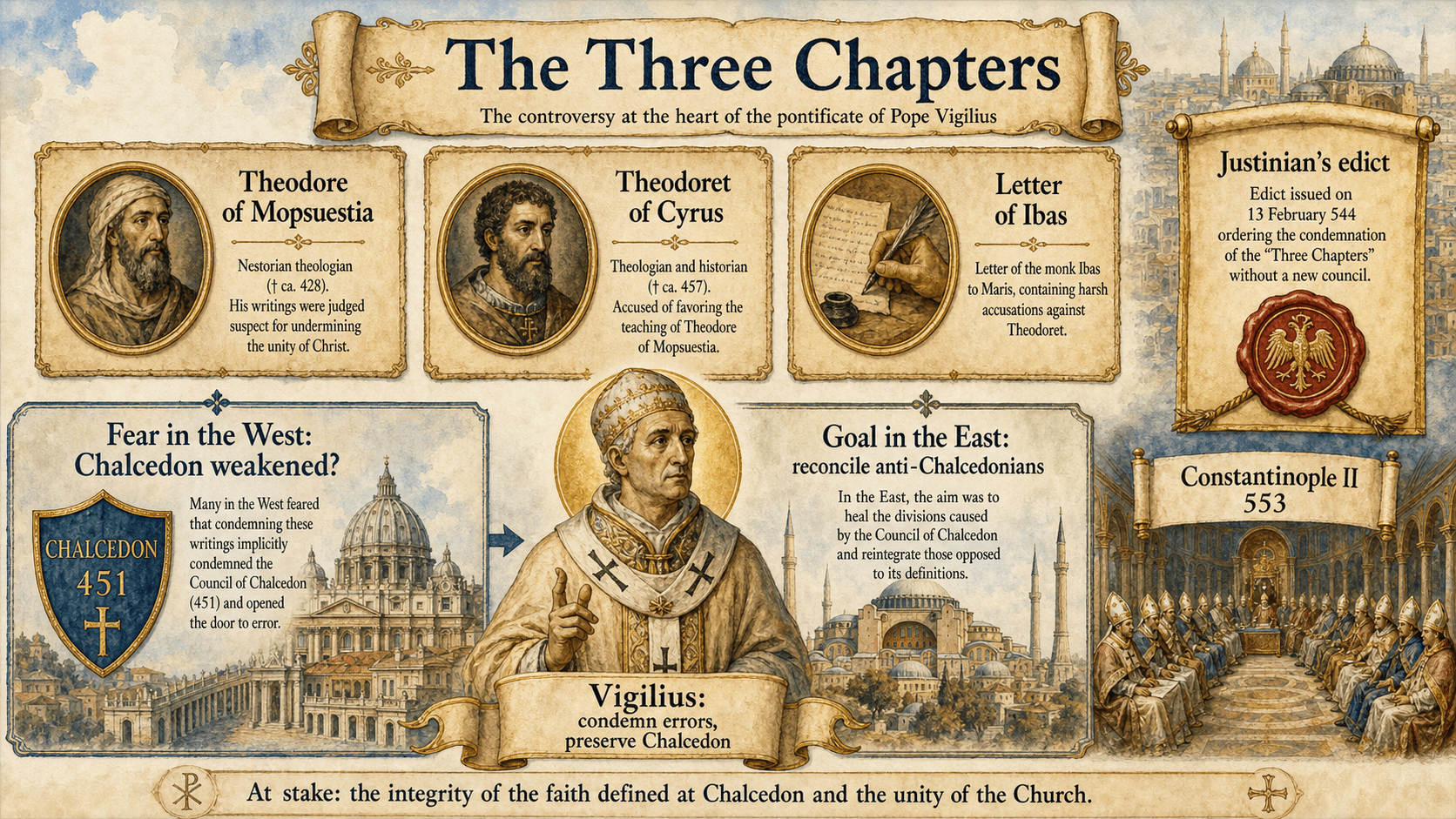 Ignispedia infographic presenting the three cases targeted in the Three Chapters controversy