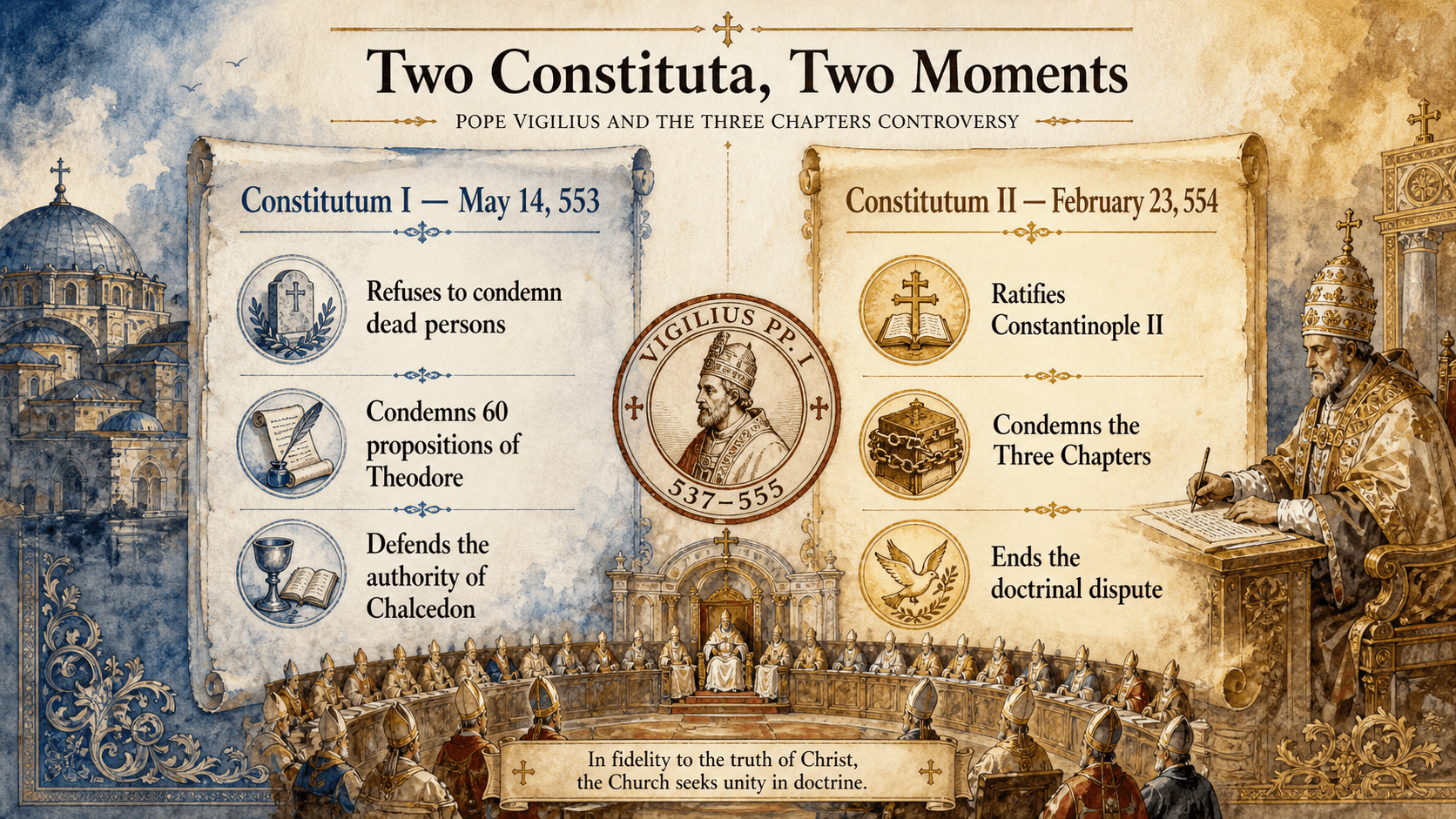 Ignispedia infographic comparing the first and second Constitutum of Vigilius