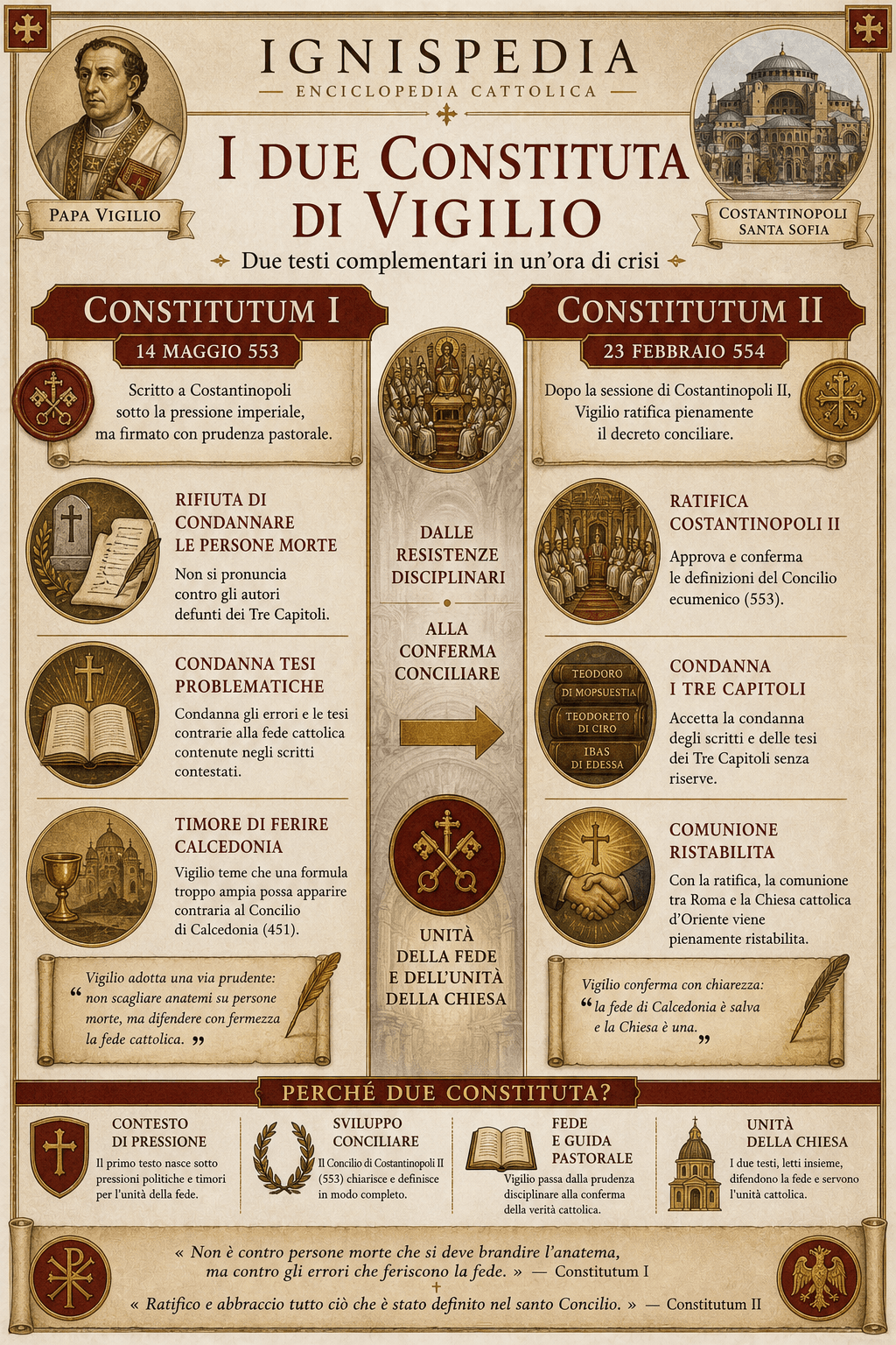 Infografica Ignispedia che confronta il primo e il secondo Constitutum di Vigilio