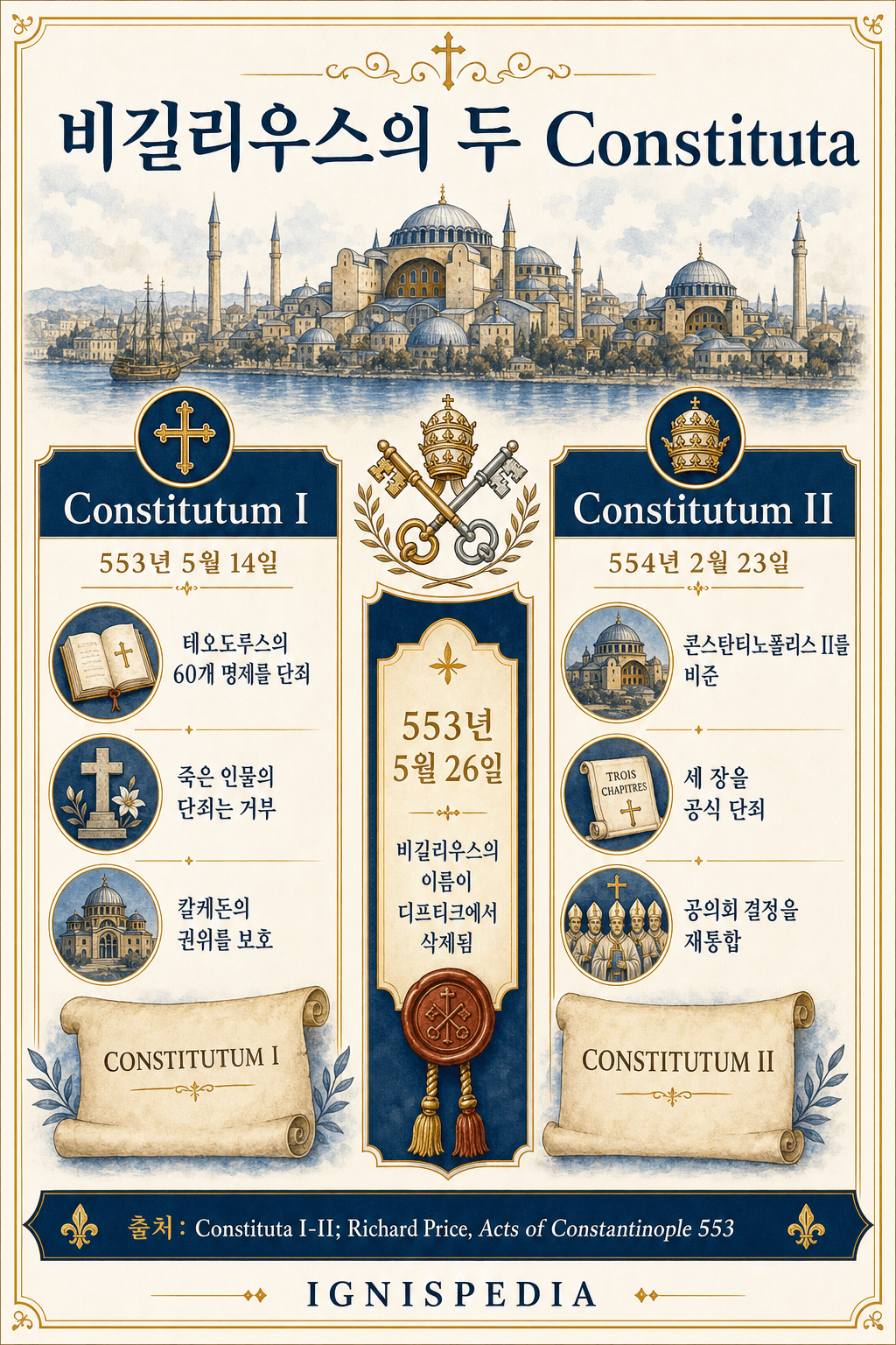 비길리우스의 첫 번째와 두 번째 Constitutum을 비교한 Ignispedia 인포그래픽