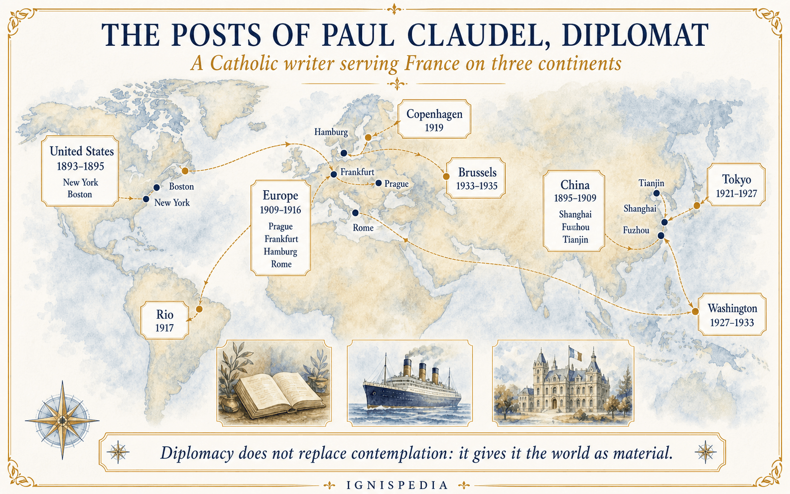Infographic map of Paul Claudel's diplomatic posts