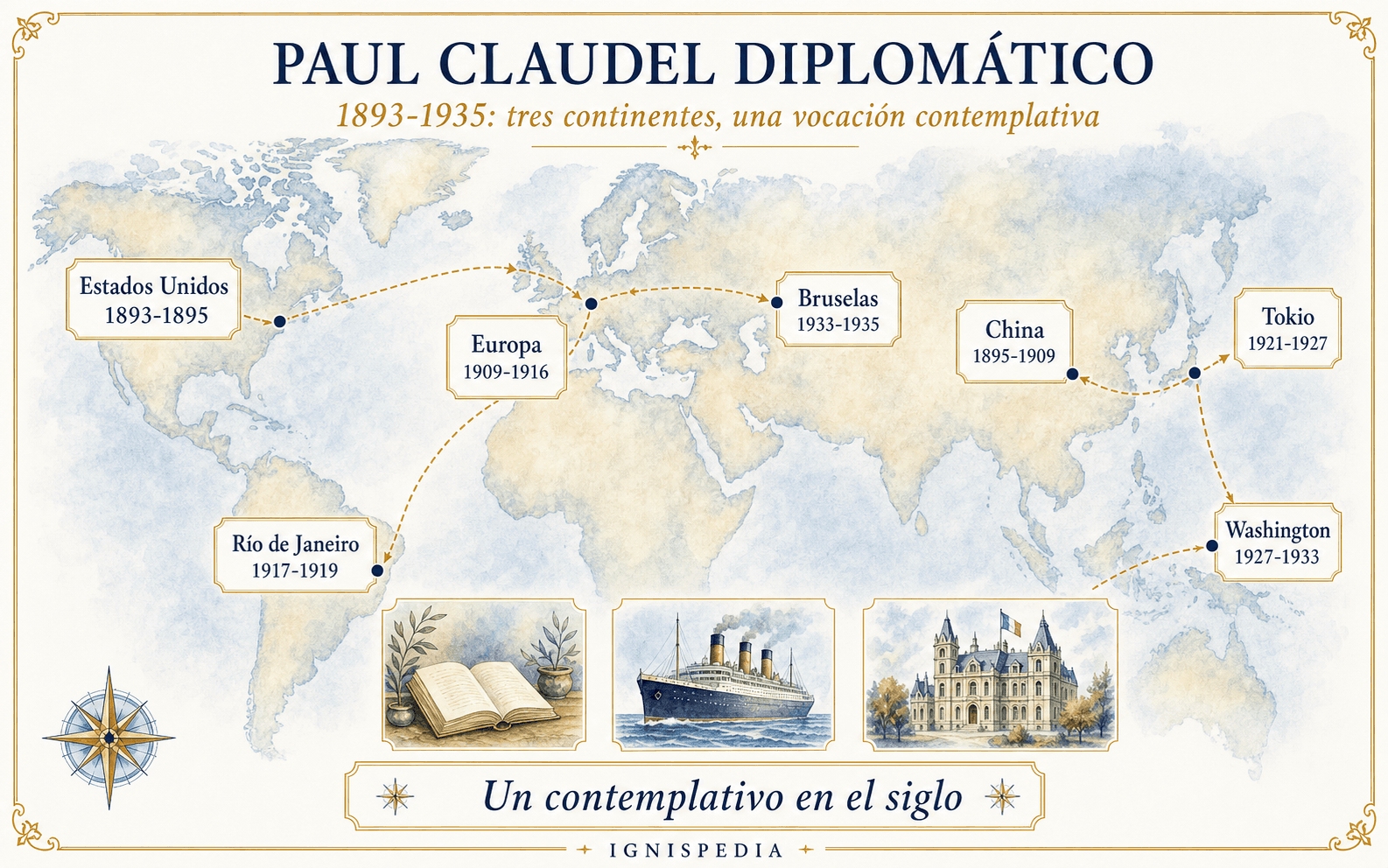 Mapa infográfico de los puestos diplomáticos de Paul Claudel