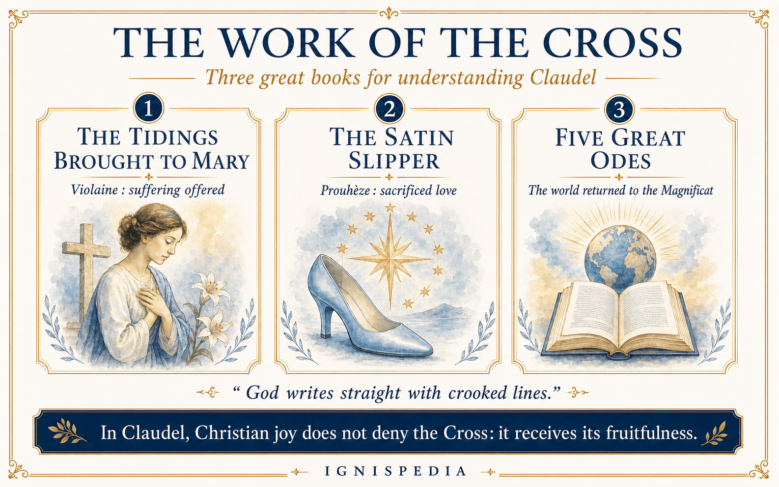 Infographic The Work of the Cross: The Tidings Brought to Mary, The Satin Slipper, Five Great Odes
