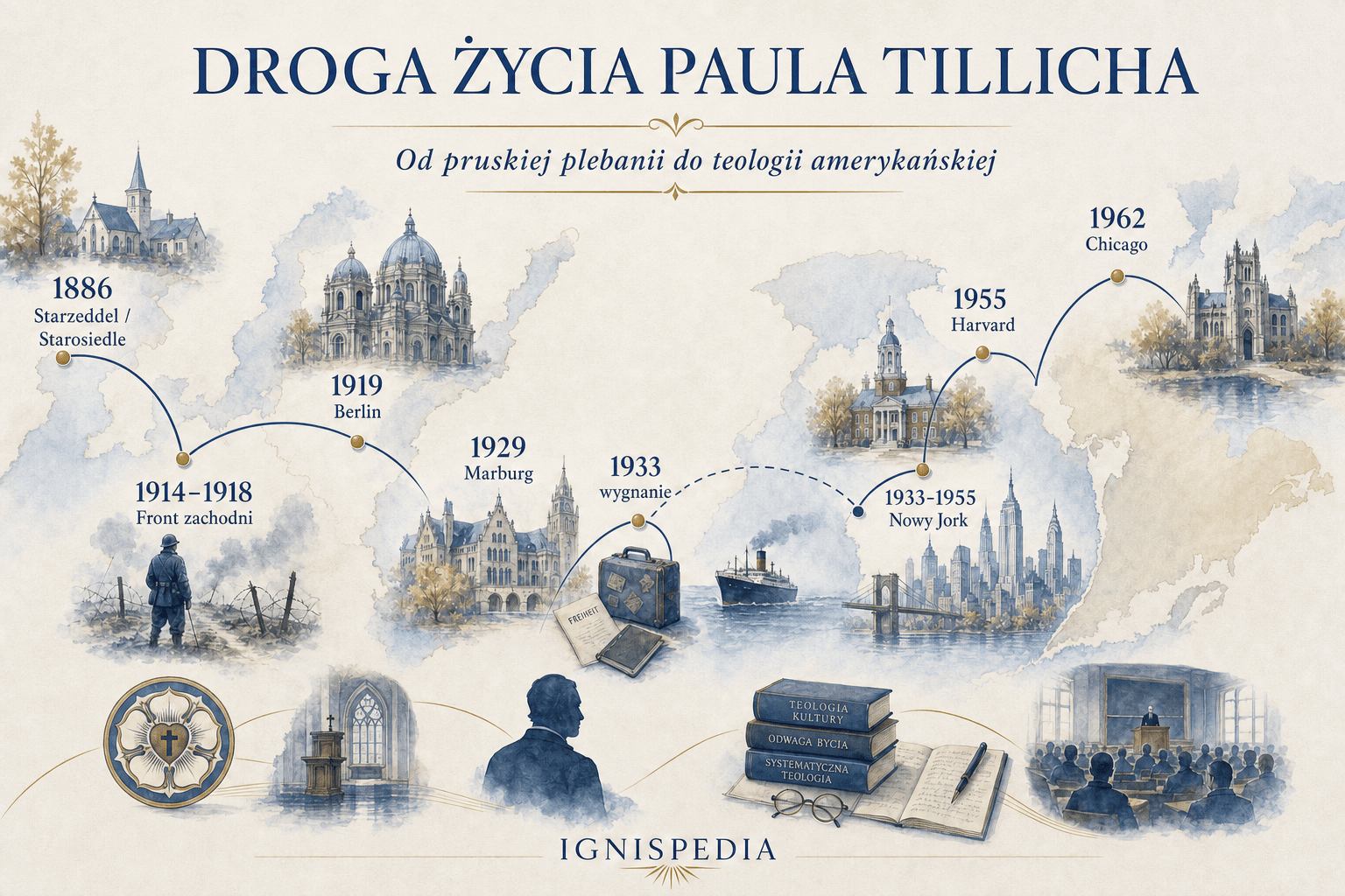 Infografika — biograficzna droga Paula Tillicha od Starzeddel do New Harmony