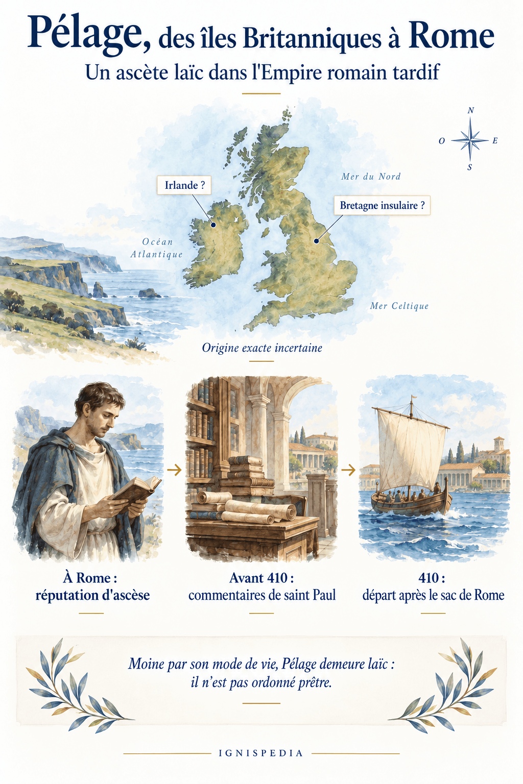 Origine britannique ou irlandaise incertaine de Pélage, vie ascétique à Rome et départ après le sac de 410