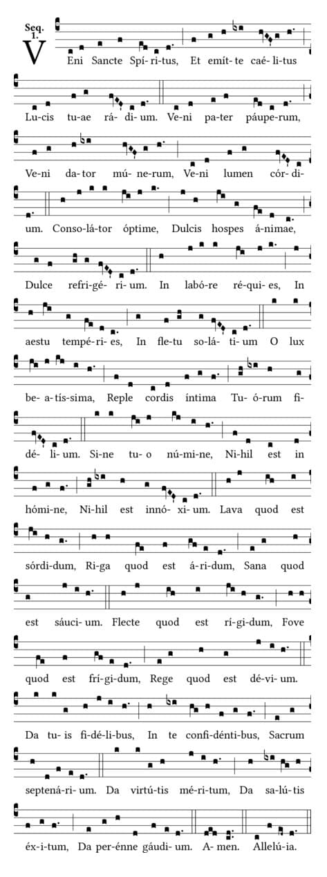 Notação de canto da sequência do Pentecostes Veni Sancte Spiritus com o texto latino completo