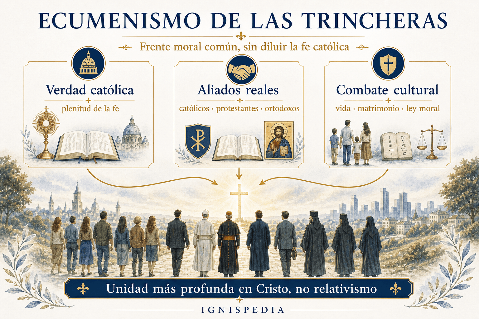 Infografía Ignispedia sobre el ecumenismo de las trincheras de Peter Kreeft: verdad católica, aliados reales y combate cultural.