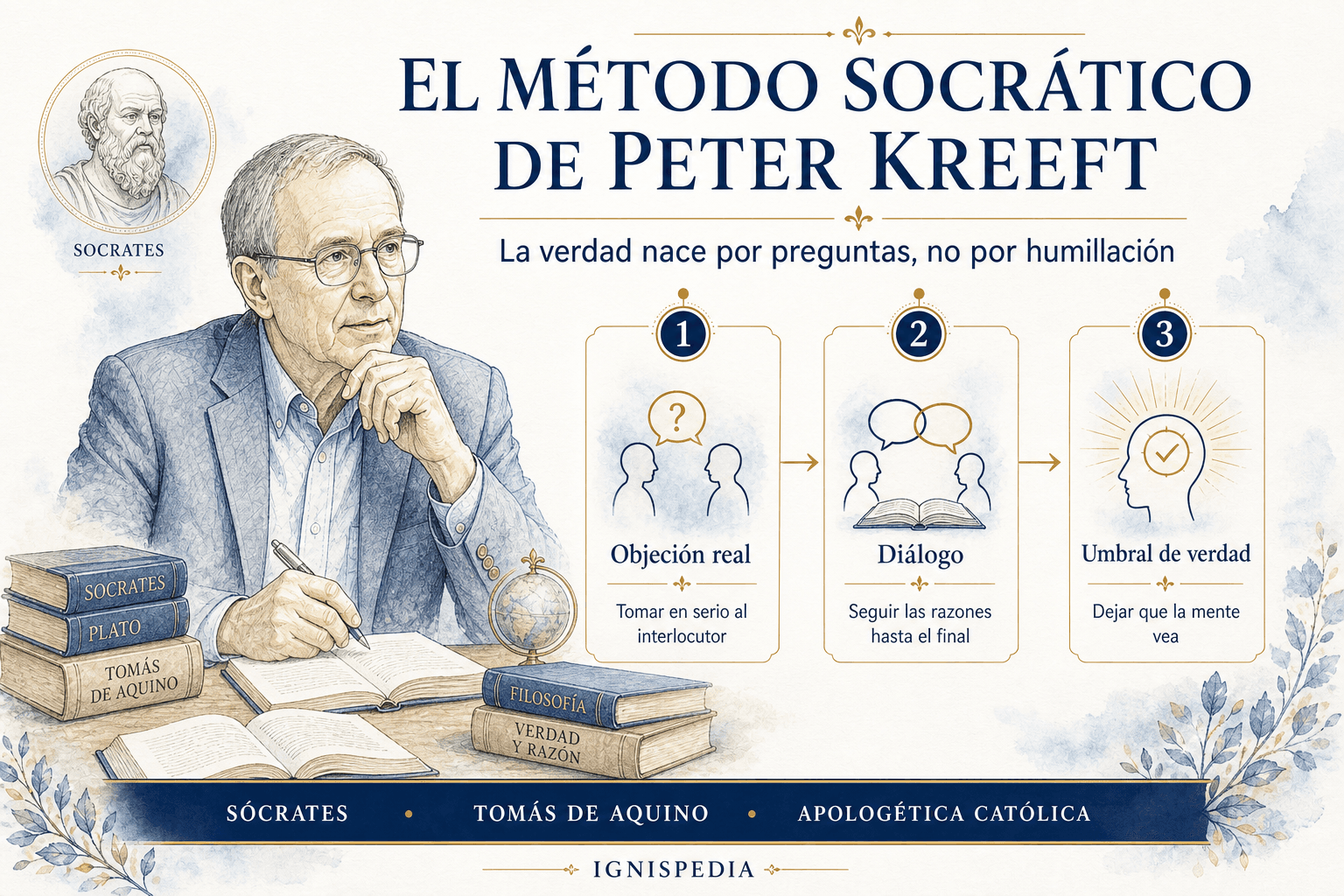 Infografía Ignispedia sobre el método socrático de Peter Kreeft: objeción real, diálogo y umbral de verdad.