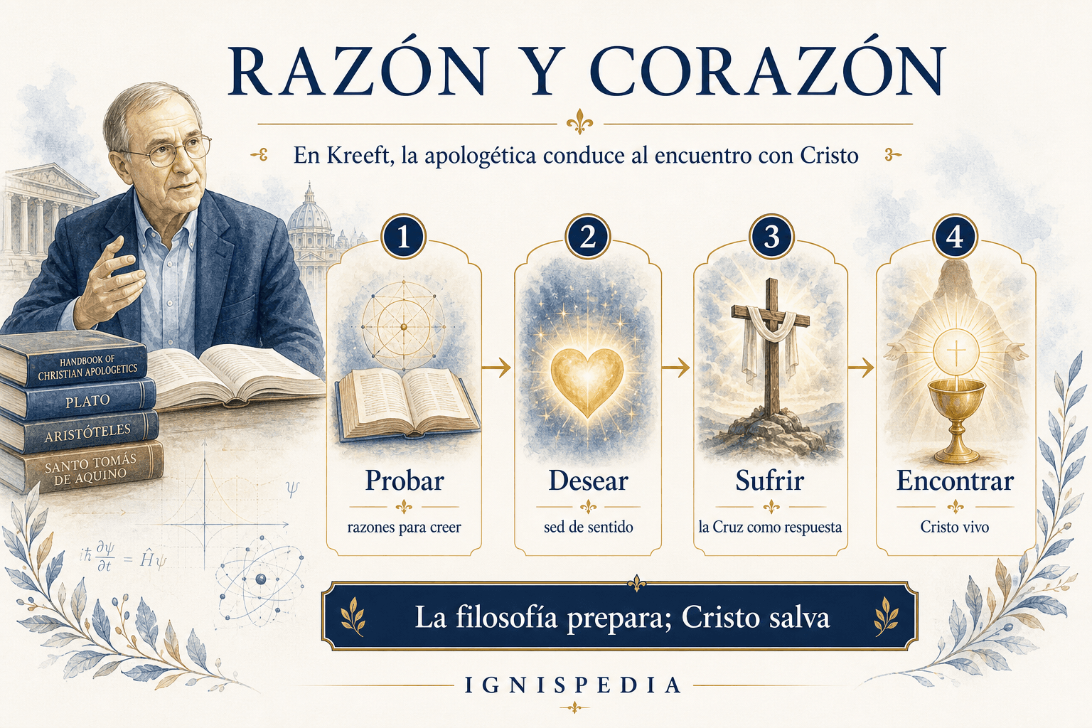 Infografía Ignispedia sobre la apologética de Peter Kreeft: probar, desear, sufrir y encontrar.