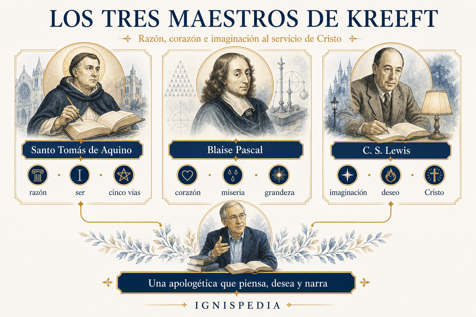 Infografía Ignispedia que presenta los tres maestros de Peter Kreeft: santo Tomás de Aquino, Blaise Pascal y C. S. Lewis.