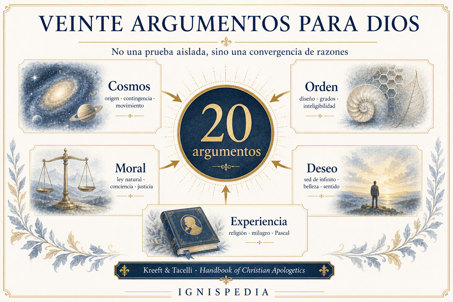 Infografía Ignispedia que agrupa los veinte argumentos para la existencia de Dios de Kreeft y Tacelli en cinco familias.