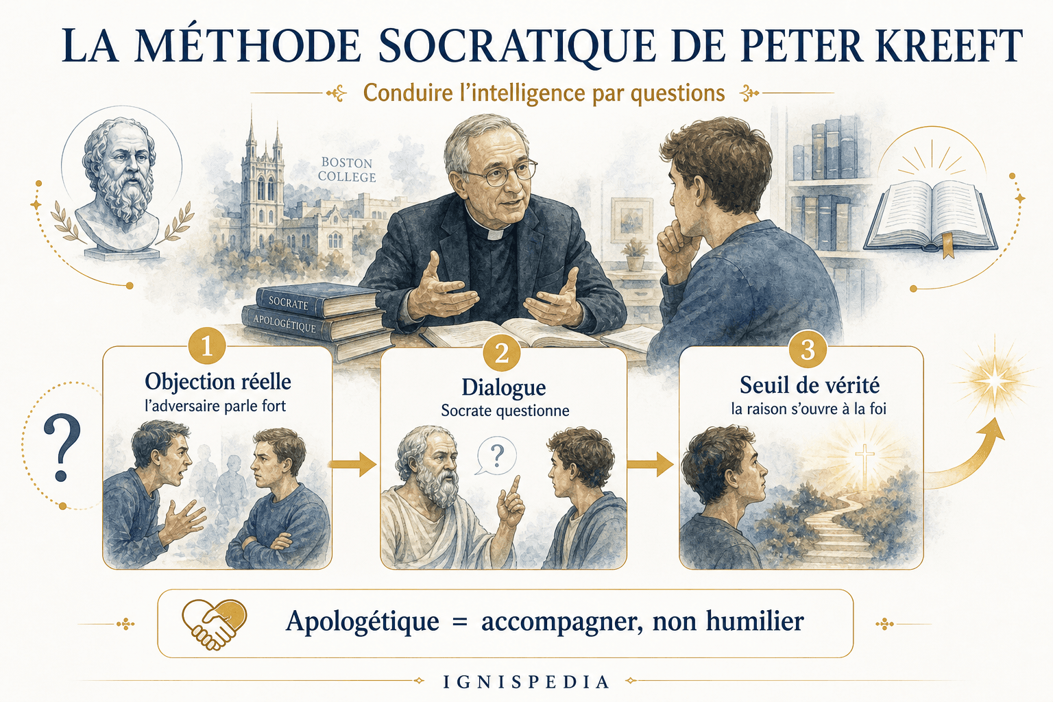 Infographie Ignispedia sur la méthode socratique de Peter Kreeft : objection réelle, dialogue, seuil de vérité.