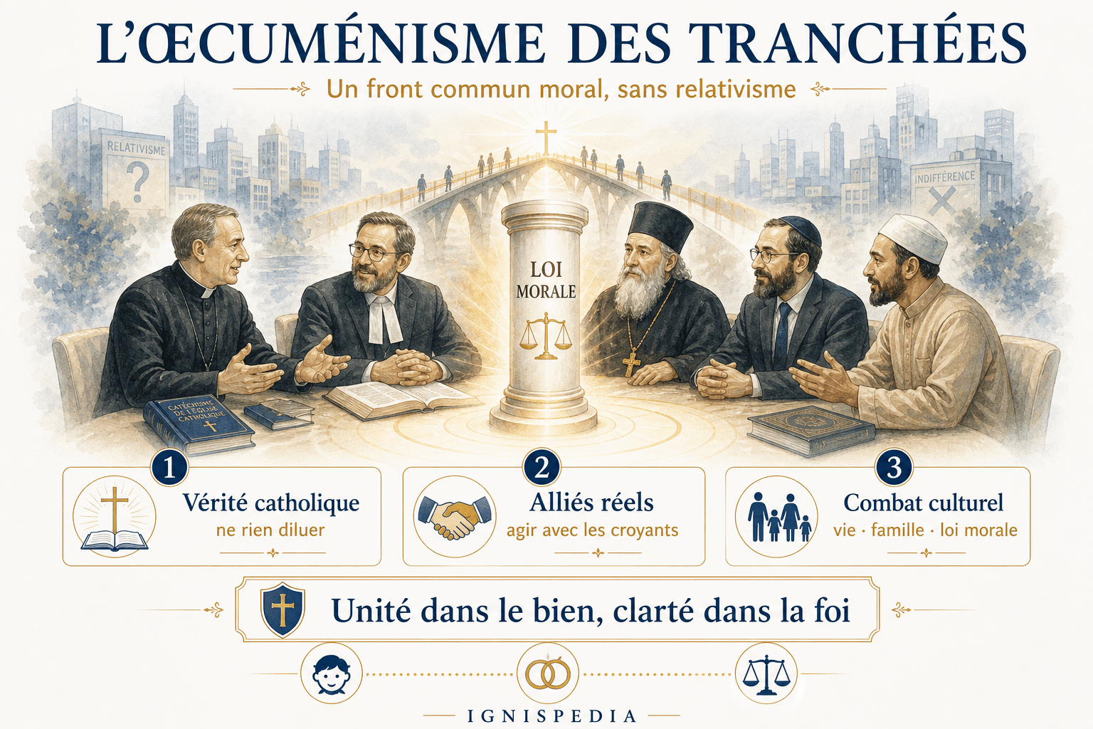 Infographie Ignispedia sur l'œcuménisme des tranchées chez Peter Kreeft : vérité catholique, alliés réels, combat culturel.