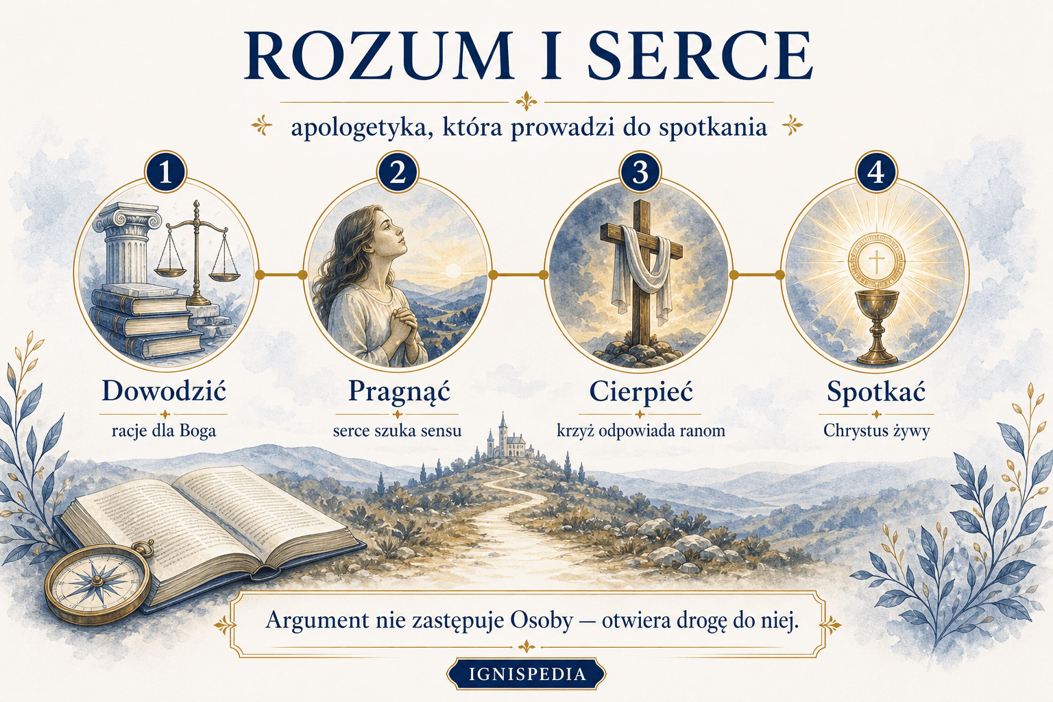 Infografika Ignispedia o apologetyce Petera Kreefta: dowodzić, pragnąć, cierpieć, spotkać.