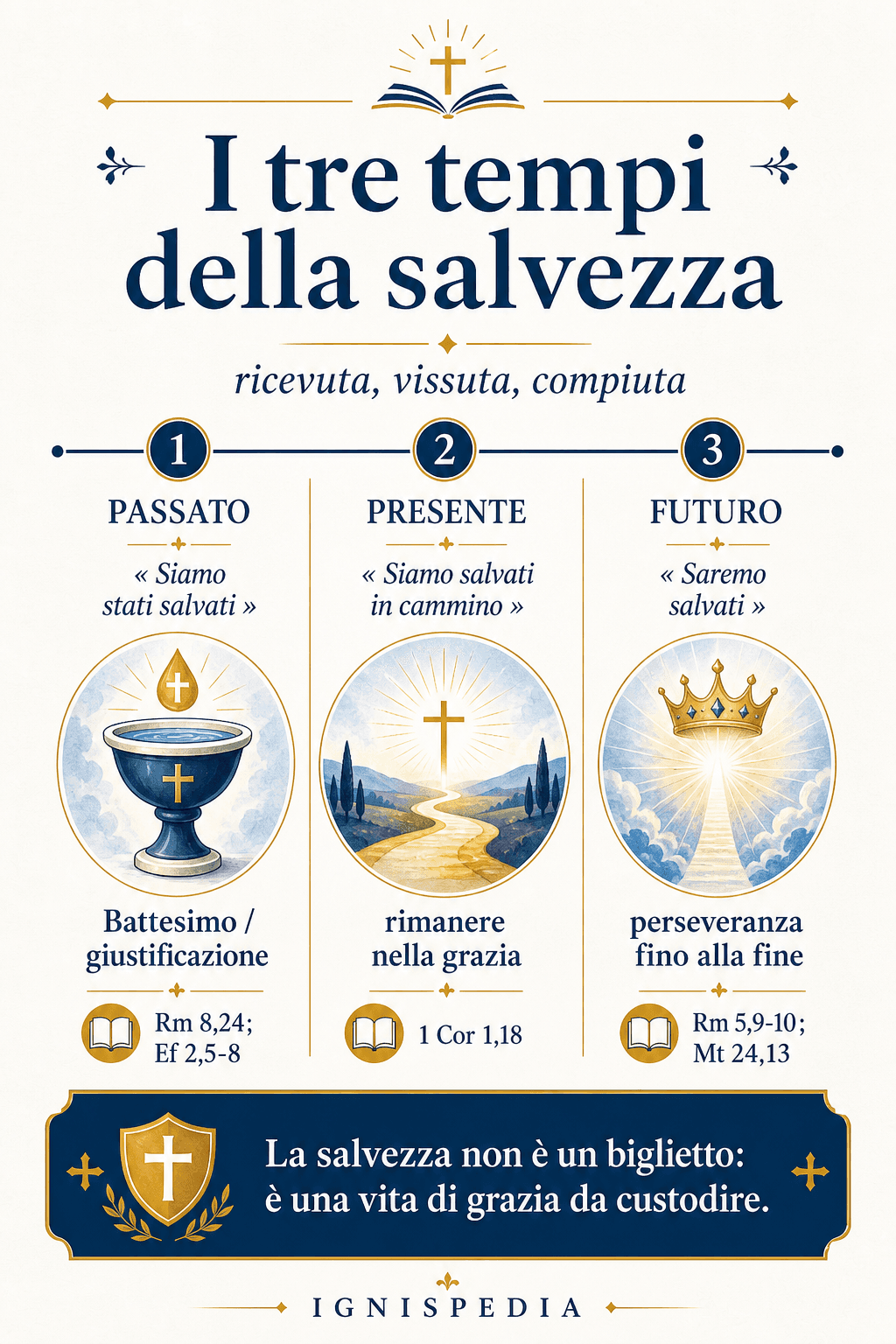 Infografica — i tre tempi della salvezza: giustificati nel passato, salvati nella speranza, salvati definitivamente alla fine