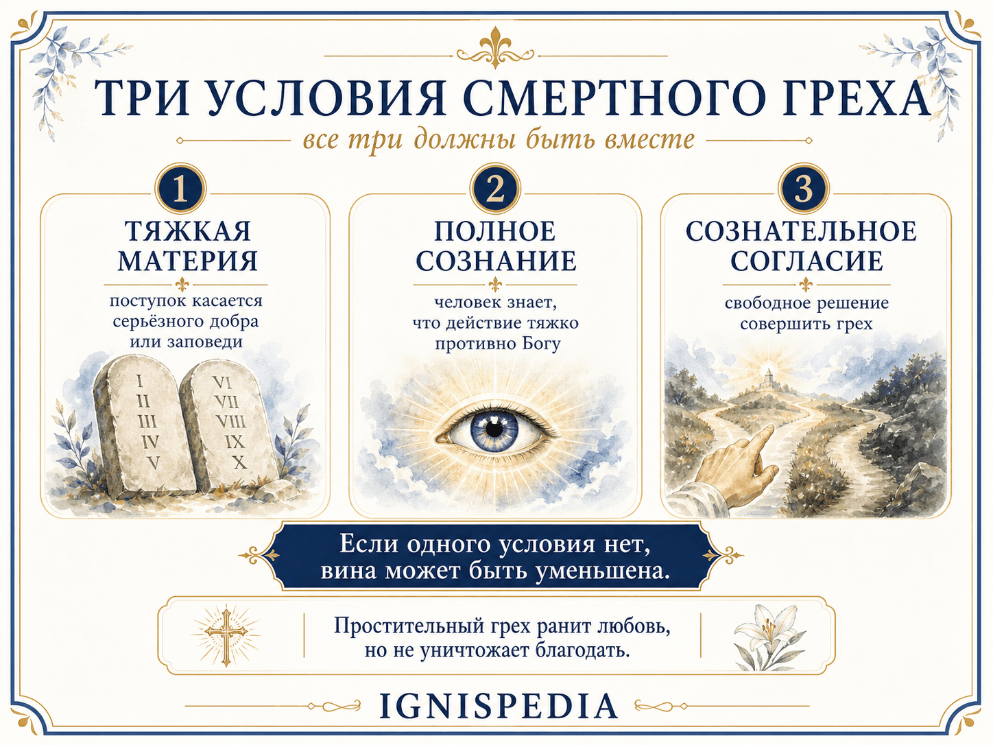 Инфографика — три условия смертного греха: тяжкий предмет, полное сознание, сознательное согласие