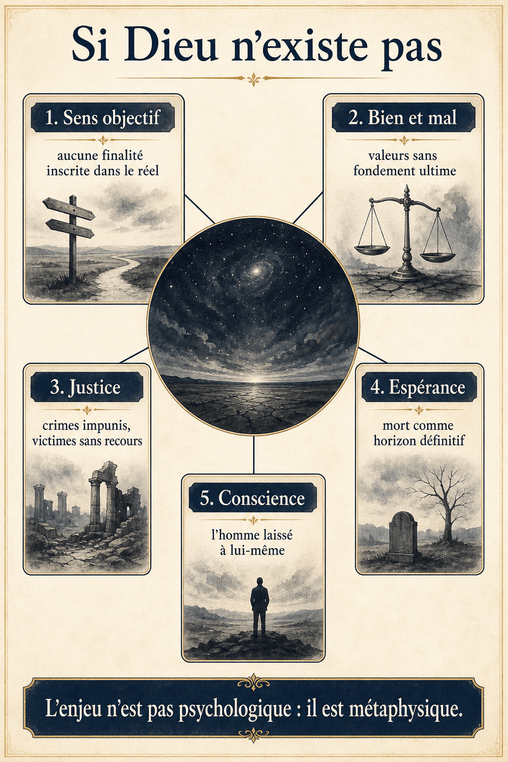 Infographie Si Dieu n'existe pas montrant cinq conséquences métaphysiques de l'athéisme