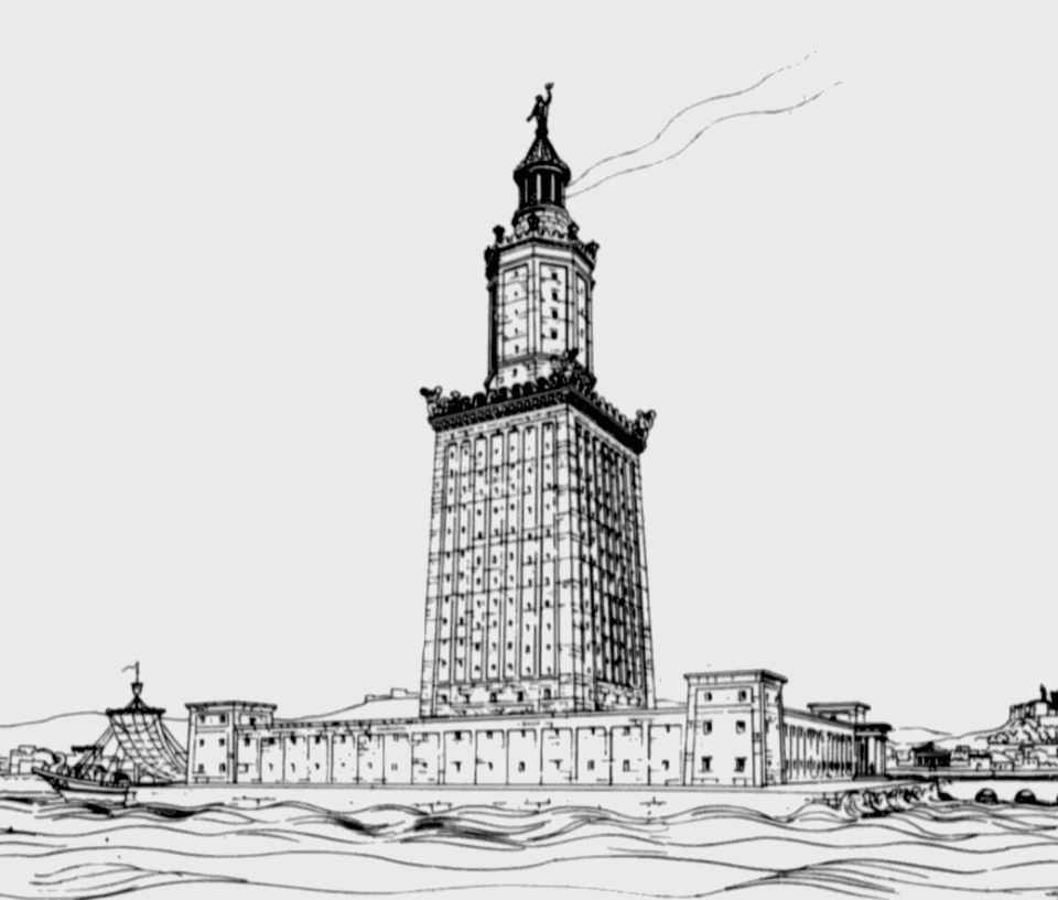Reconstrucción dibujada del Faro de Alejandría por Hermann Thiersch, monumento emblemático de la metrópoli antigua donde vivió Filón