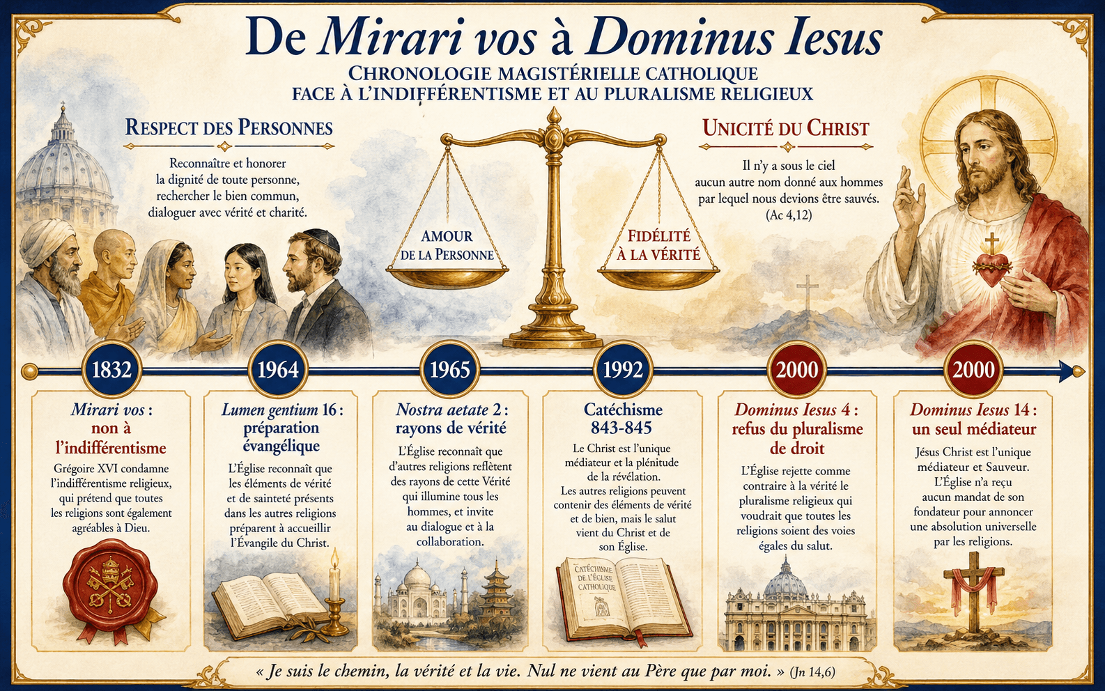 Frise chronologique de Mirari vos à Dominus Iesus sur l'indifférentisme et le pluralisme religieux.