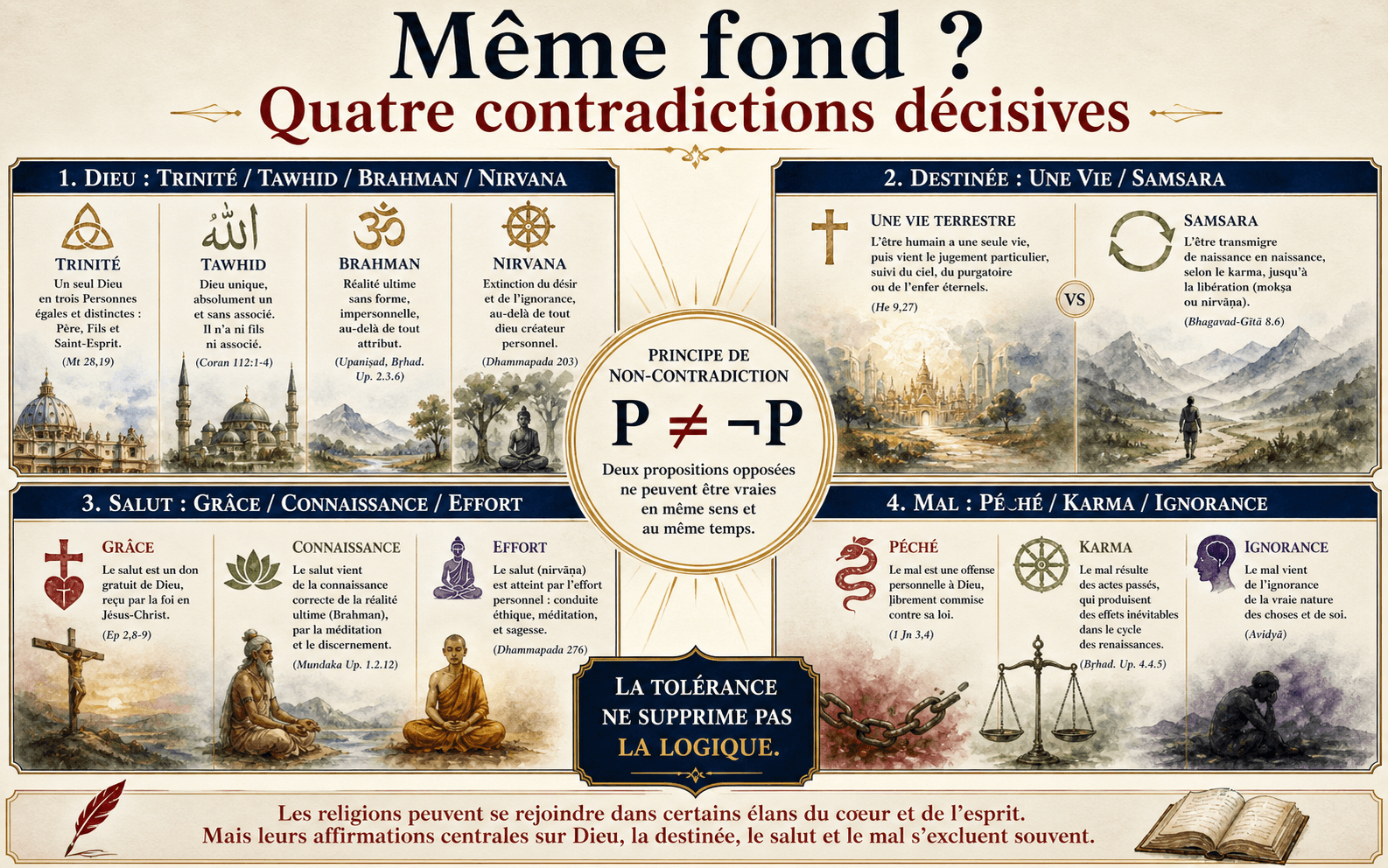 Infographie montrant quatre contradictions doctrinales entre religions sur Dieu, la destinée, le salut et le mal.