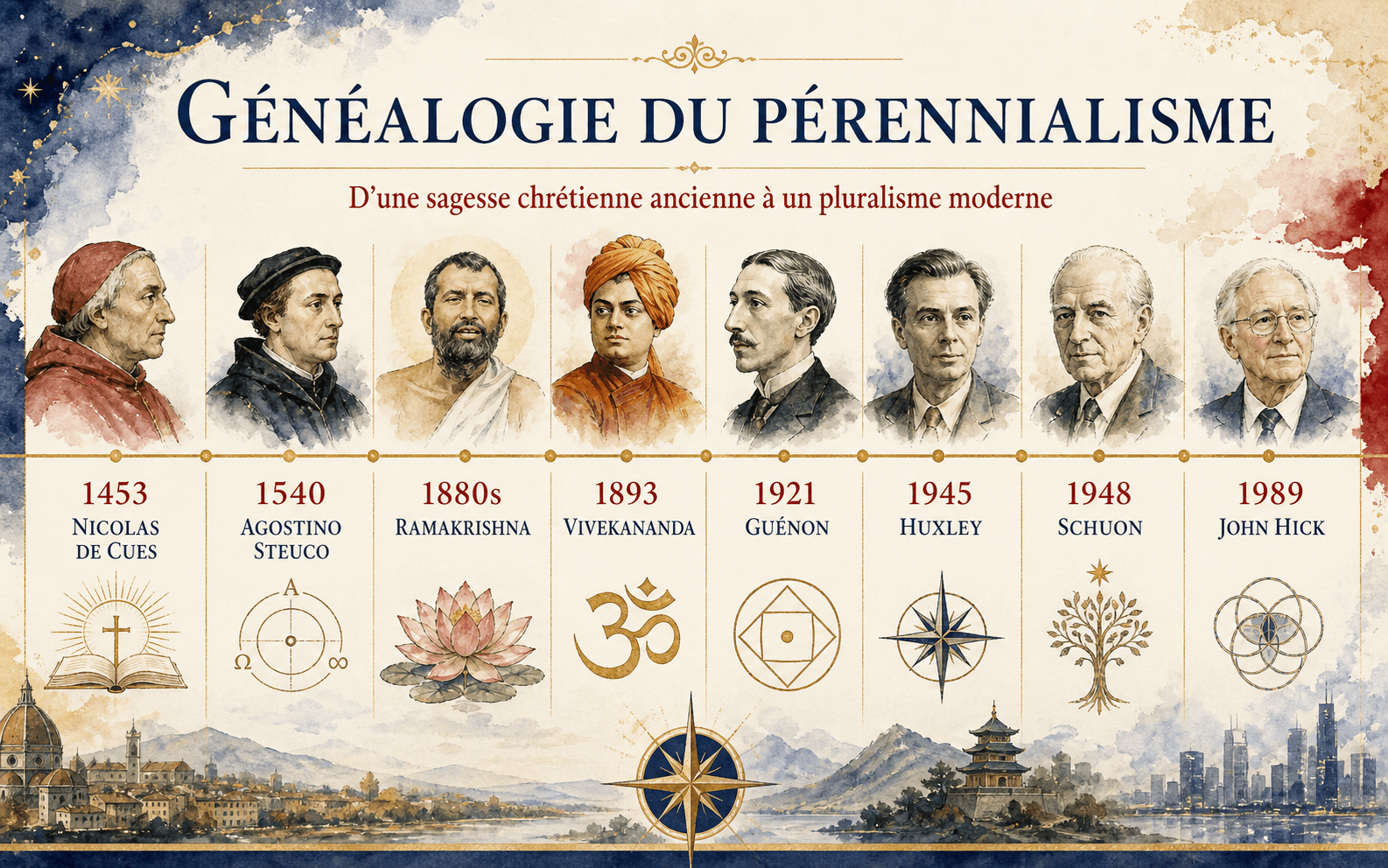 Frise illustrée de la généalogie du pérennialisme de Nicolas de Cues à John Hick.