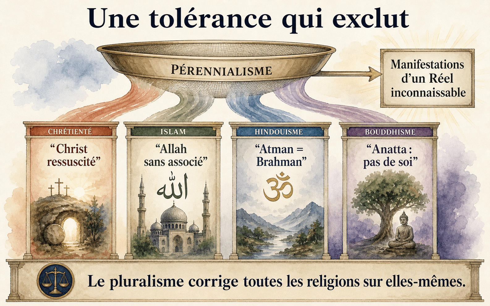 Infographie montrant le pérennialisme comme filtre qui transforme les affirmations propres des religions.