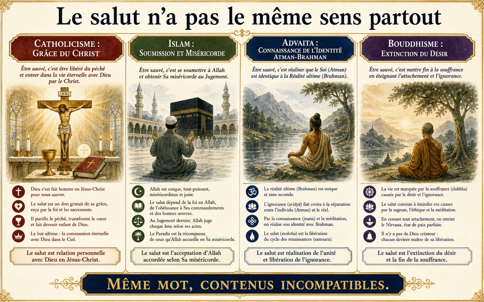 Comparaison visuelle des doctrines du salut dans le catholicisme, l'islam, l'advaita et le bouddhisme.