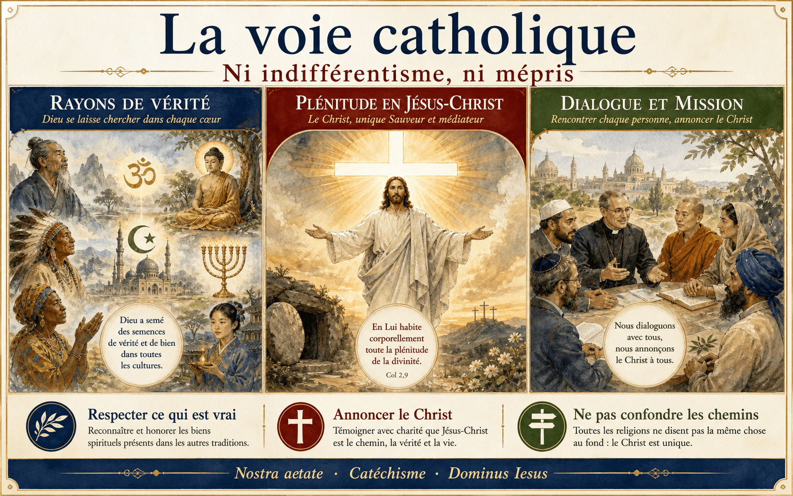 Triptyque illustrant la position catholique : rayons de vérité, plénitude en Jésus-Christ, dialogue et mission.