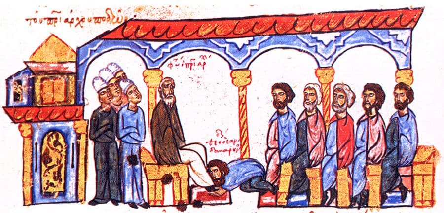 Miniatura dello Skylitzes di Madrid che mostra il monaco Sandabarenos ai piedi del patriarca Fozio