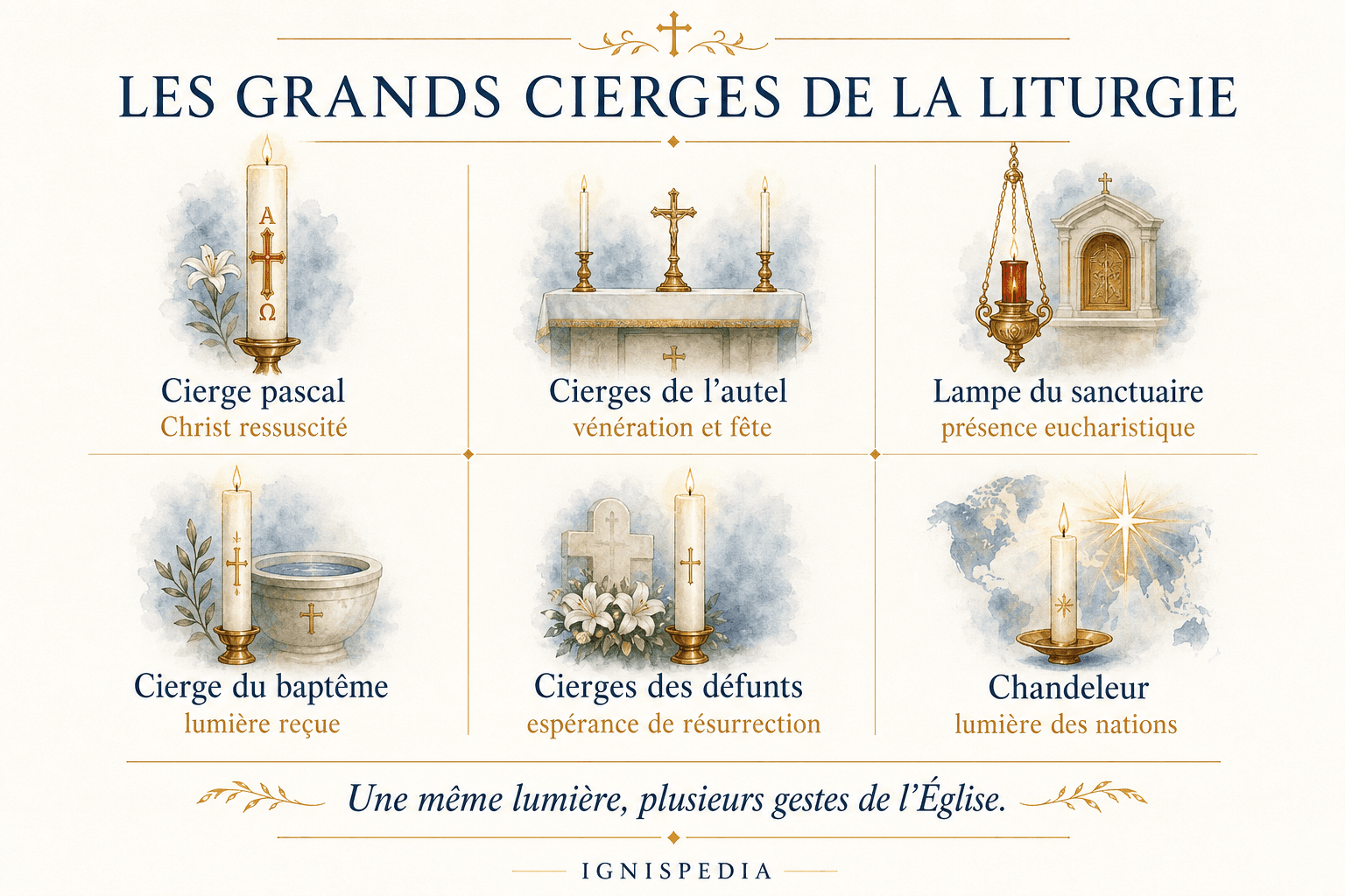 Infografia que apresenta o círio pascal, os círios do altar, a lâmpada do santuário, o círio do batismo, os círios dos defuntos e a Candelária