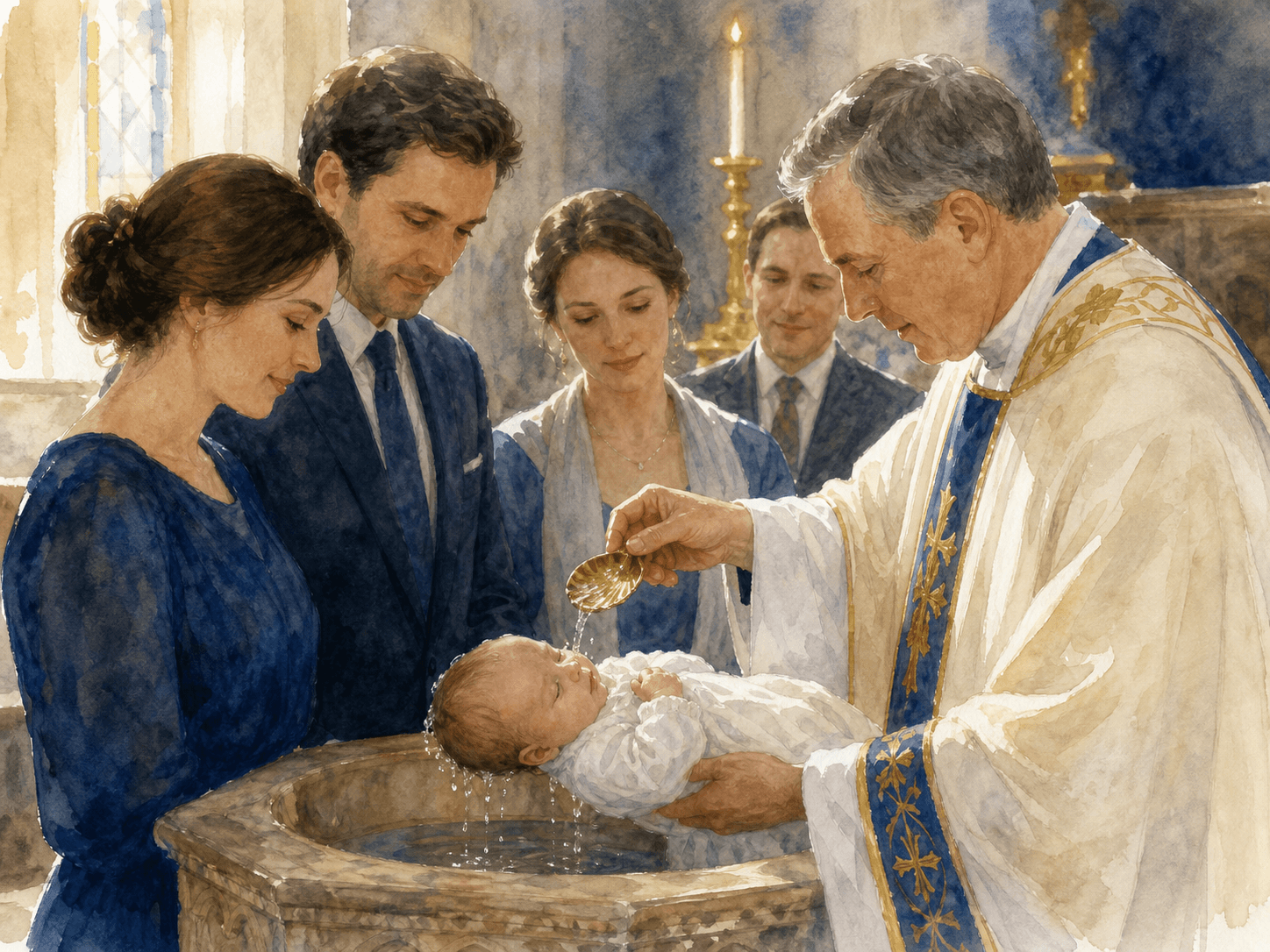 Le baptême d'un nouveau-né sur les fonts baptismaux